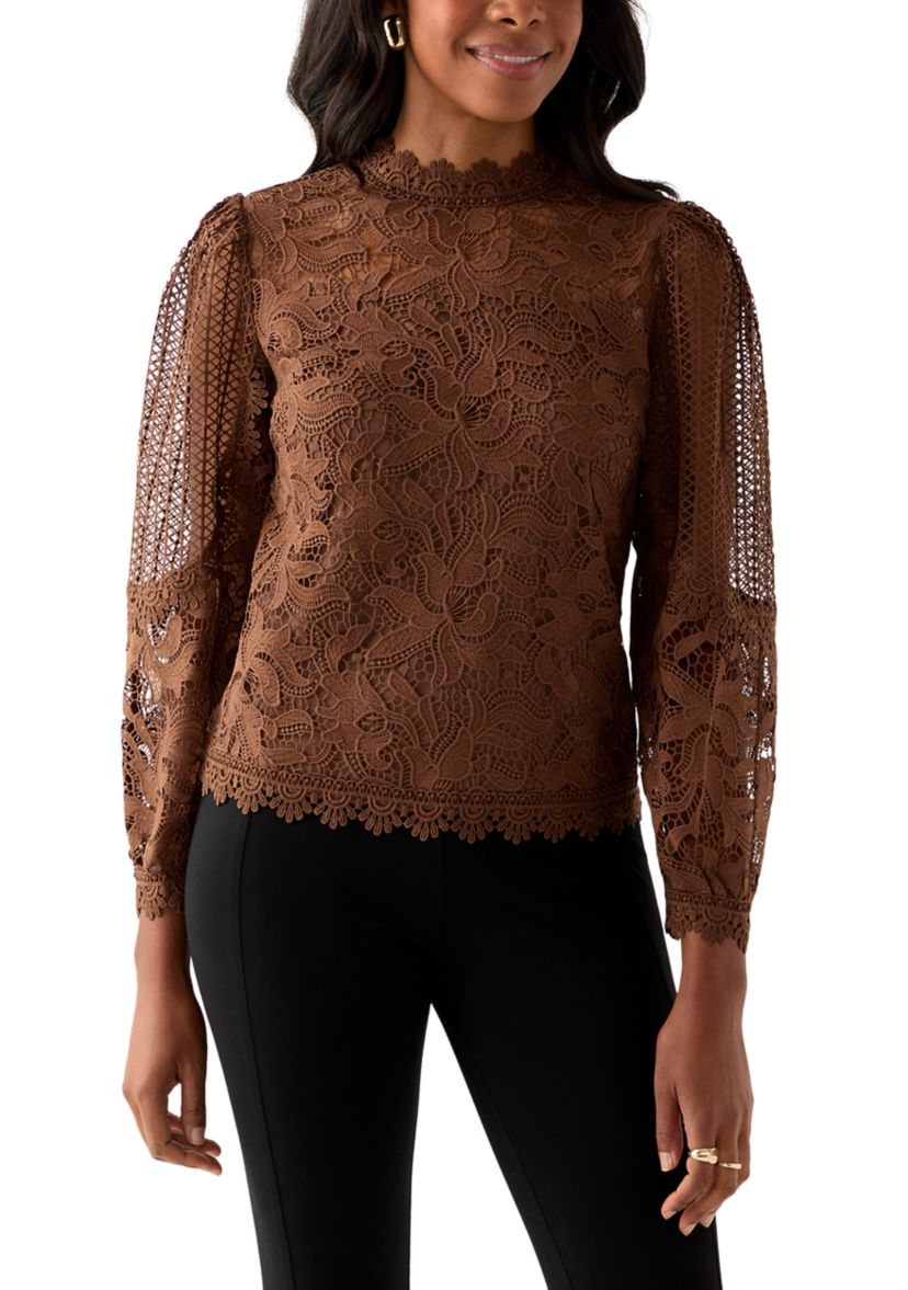 Womens Long Sleeve Floral Crochet Mock Neck Blouse