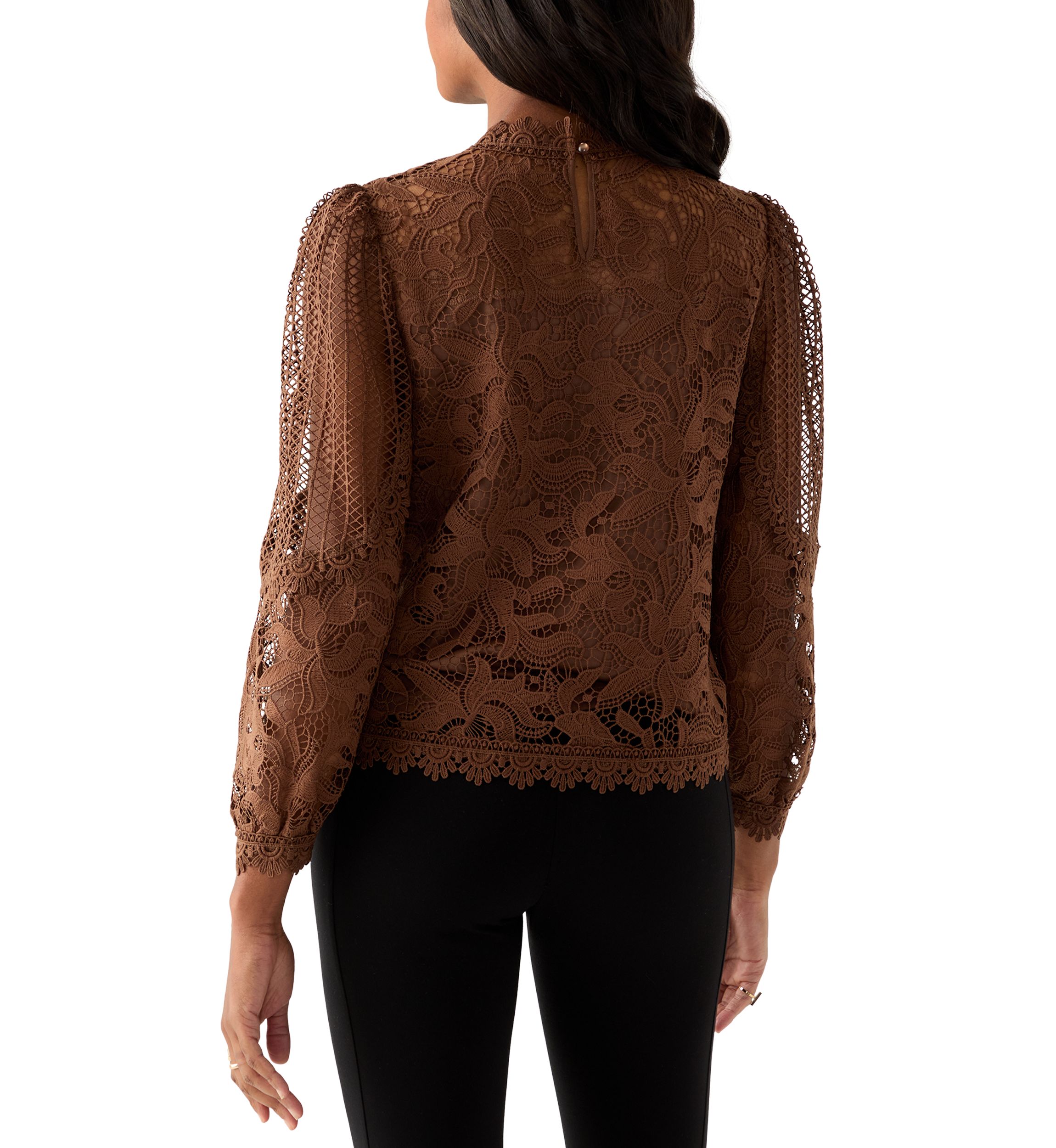 Womens Long Sleeve Floral Crochet Mock Neck Blouse