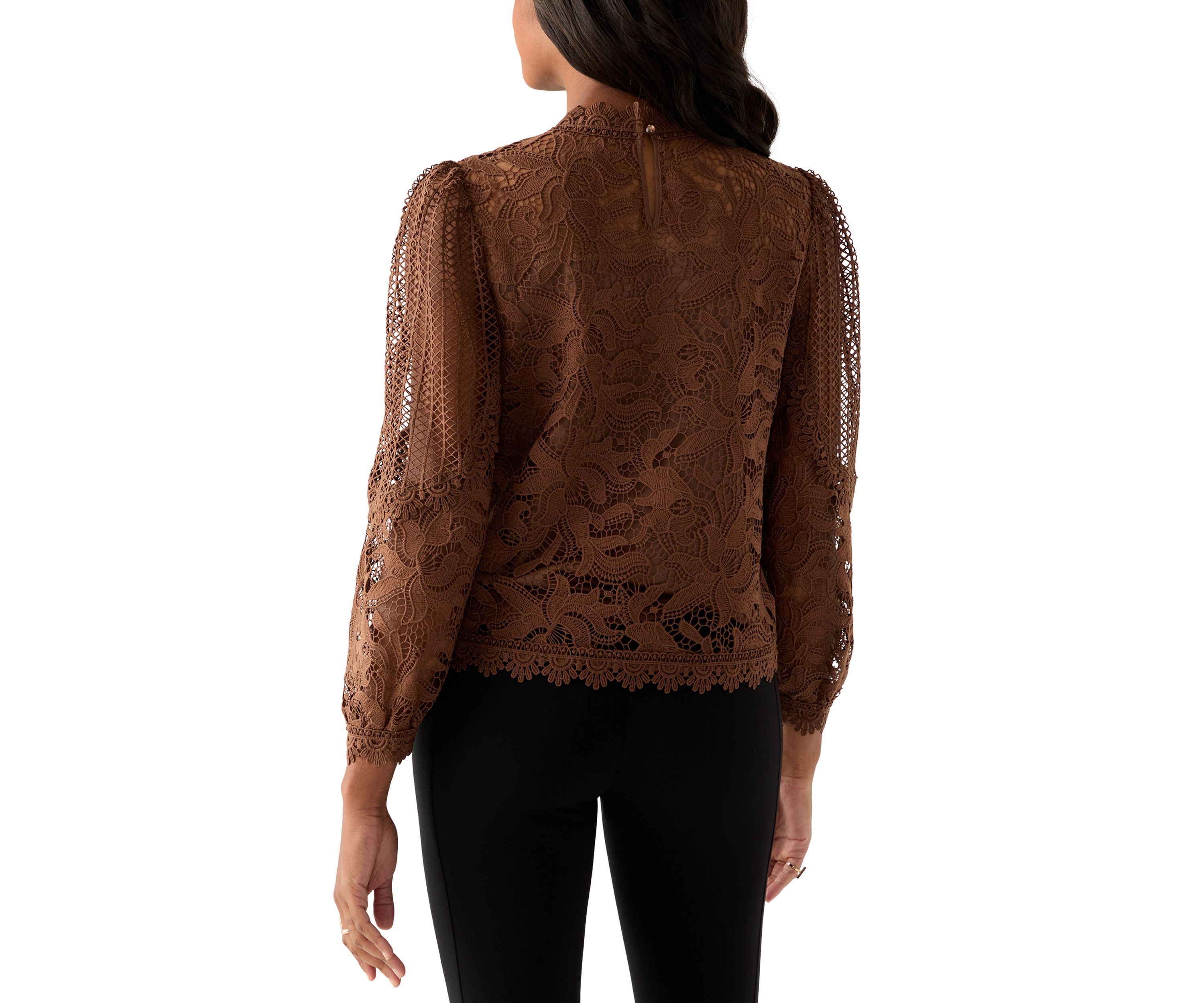 Womens Long Sleeve Floral Crochet Mock Neck Blouse