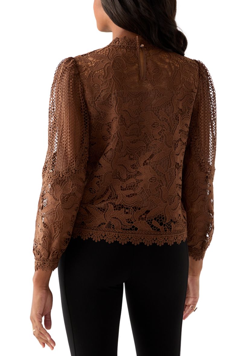 Womens Long Sleeve Floral Crochet Mock Neck Blouse