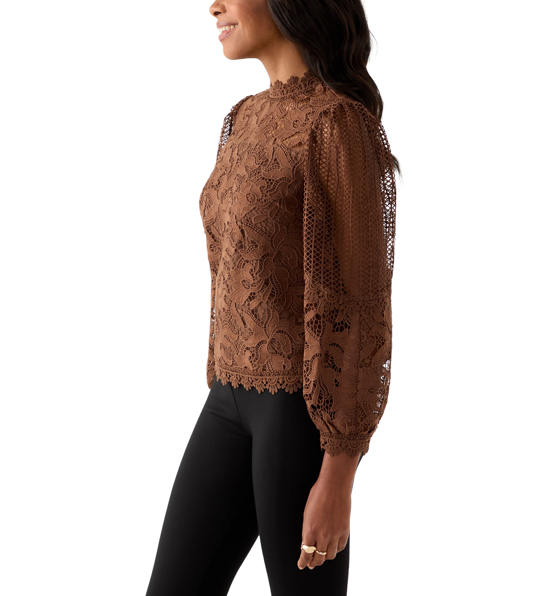 Womens Long Sleeve Floral Crochet Mock Neck Blouse