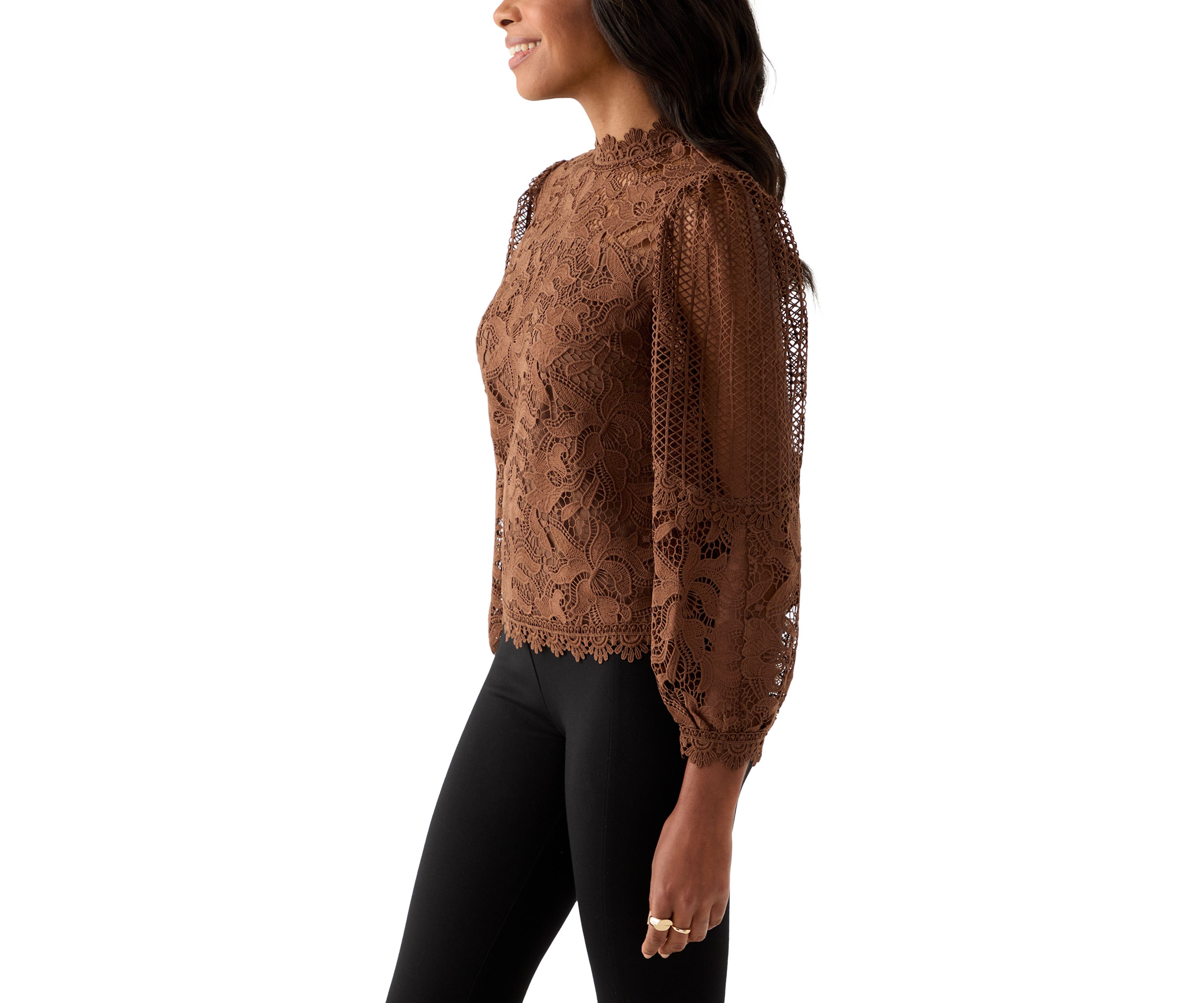 Womens Long Sleeve Floral Crochet Mock Neck Blouse