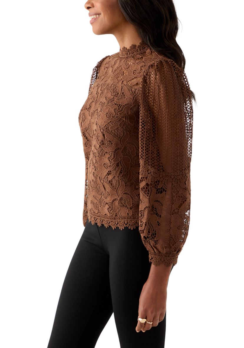Womens Long Sleeve Floral Crochet Mock Neck Blouse