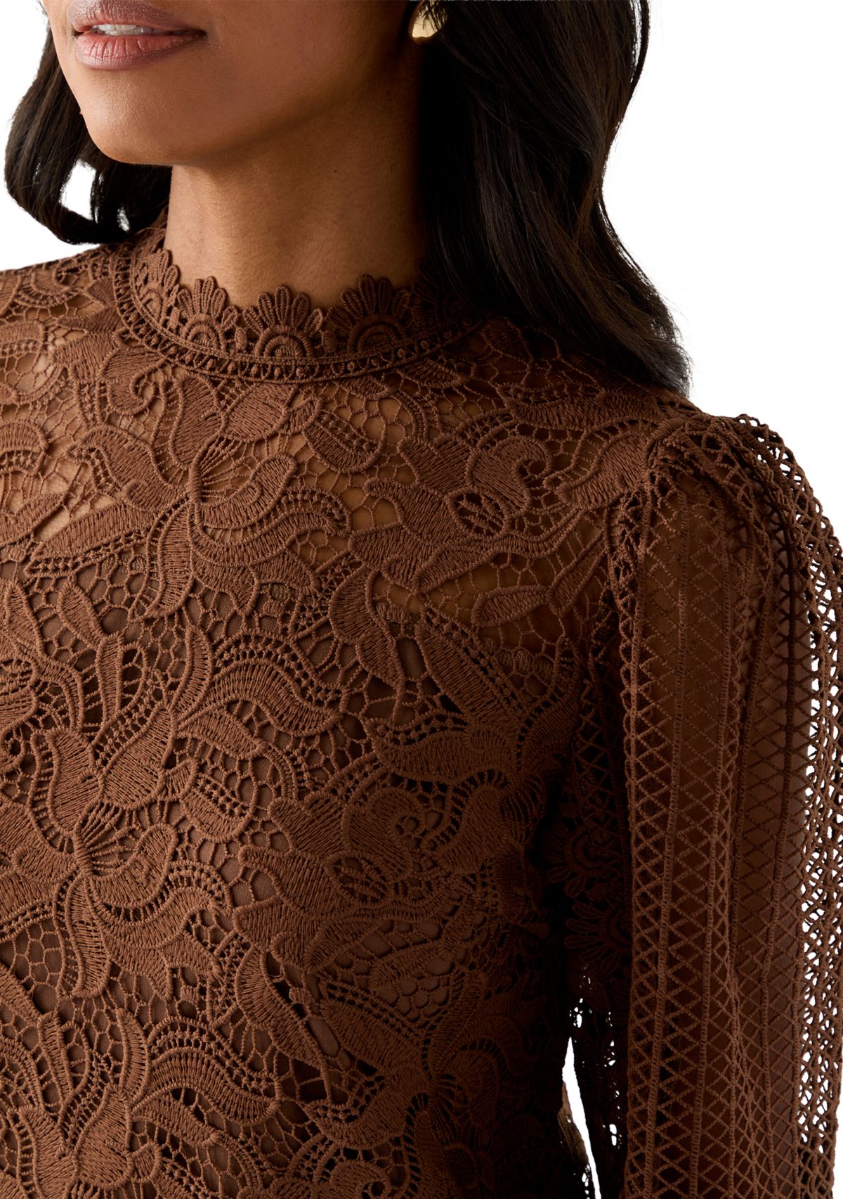 Womens Long Sleeve Floral Crochet Mock Neck Blouse