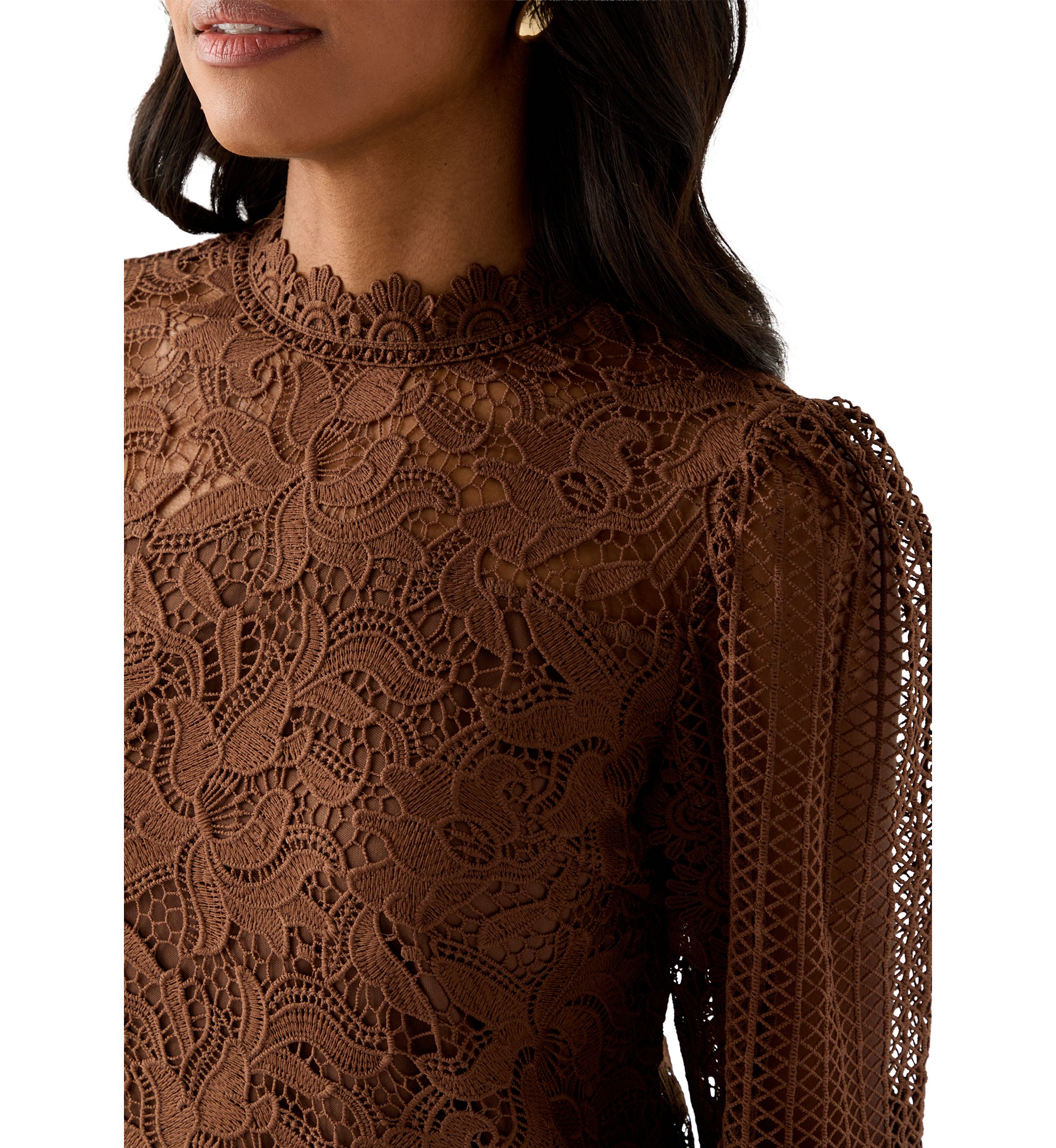 Womens Long Sleeve Floral Crochet Mock Neck Blouse