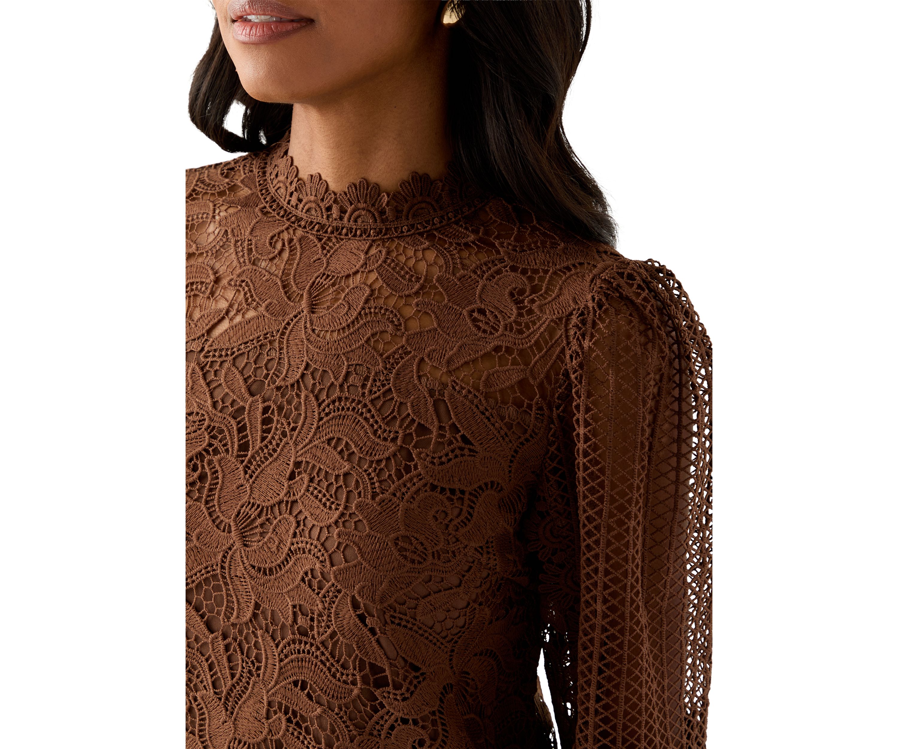Womens Long Sleeve Floral Crochet Mock Neck Blouse