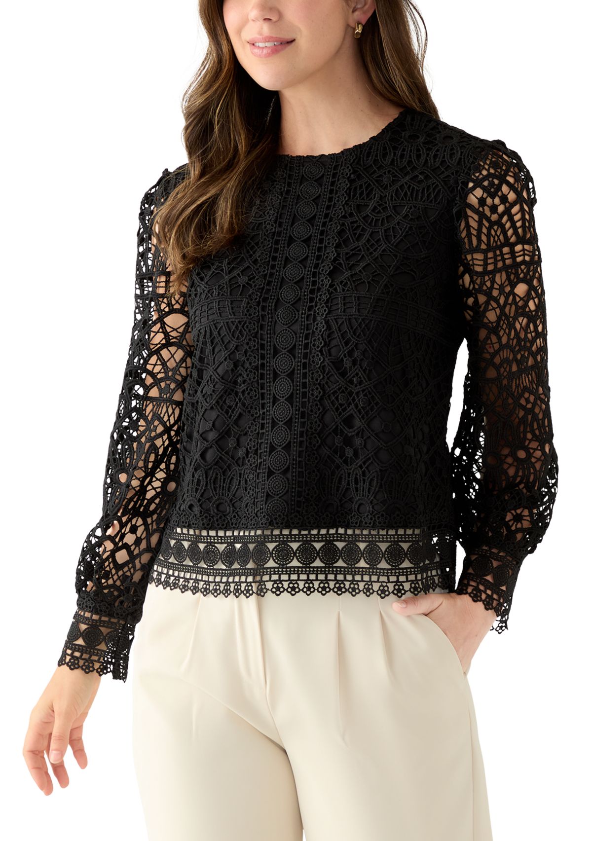 Womens Long Sleeve Crew Neck Lace Blouse