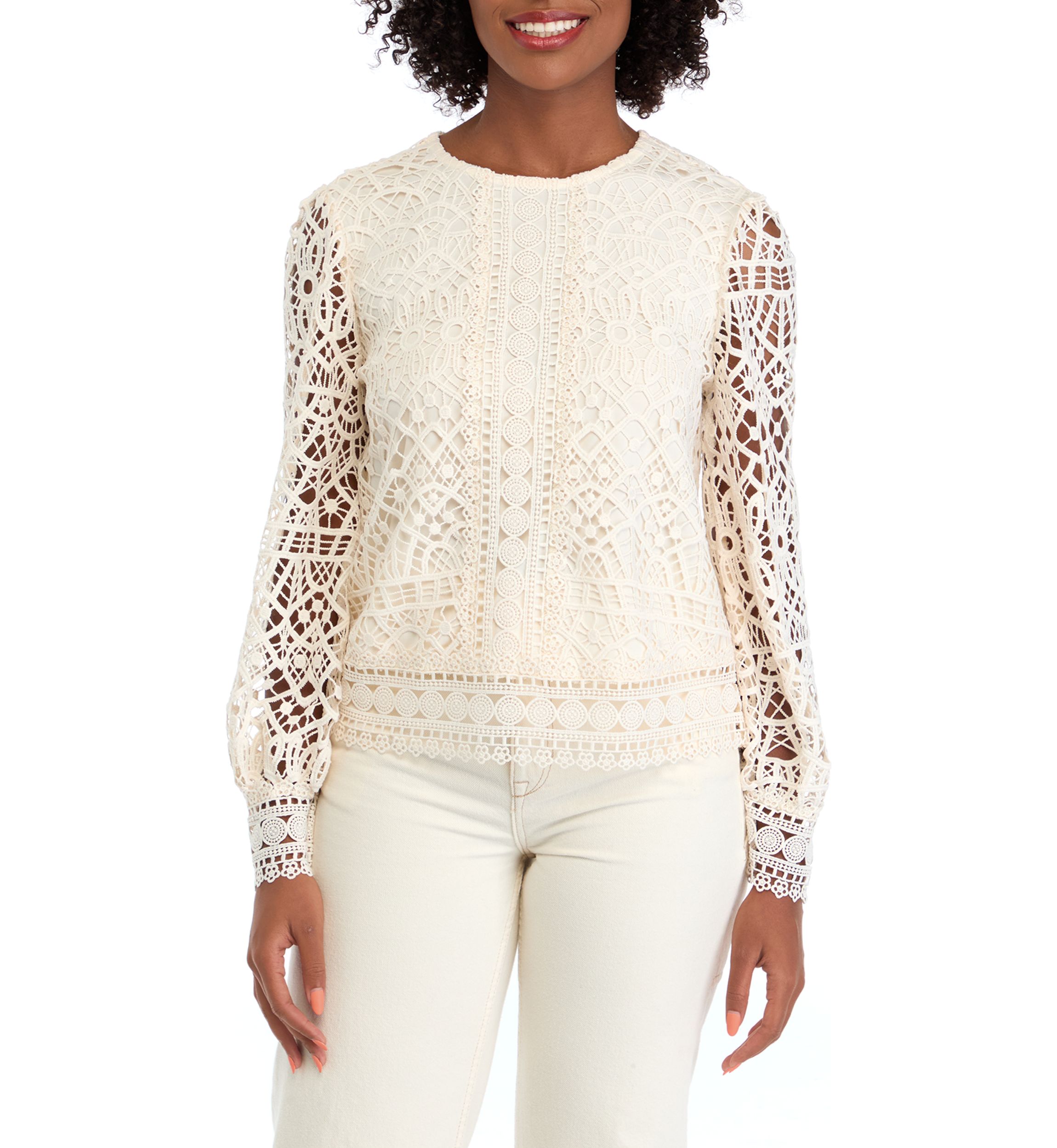 Womens Long Sleeve Crew Neck Lace Blouse