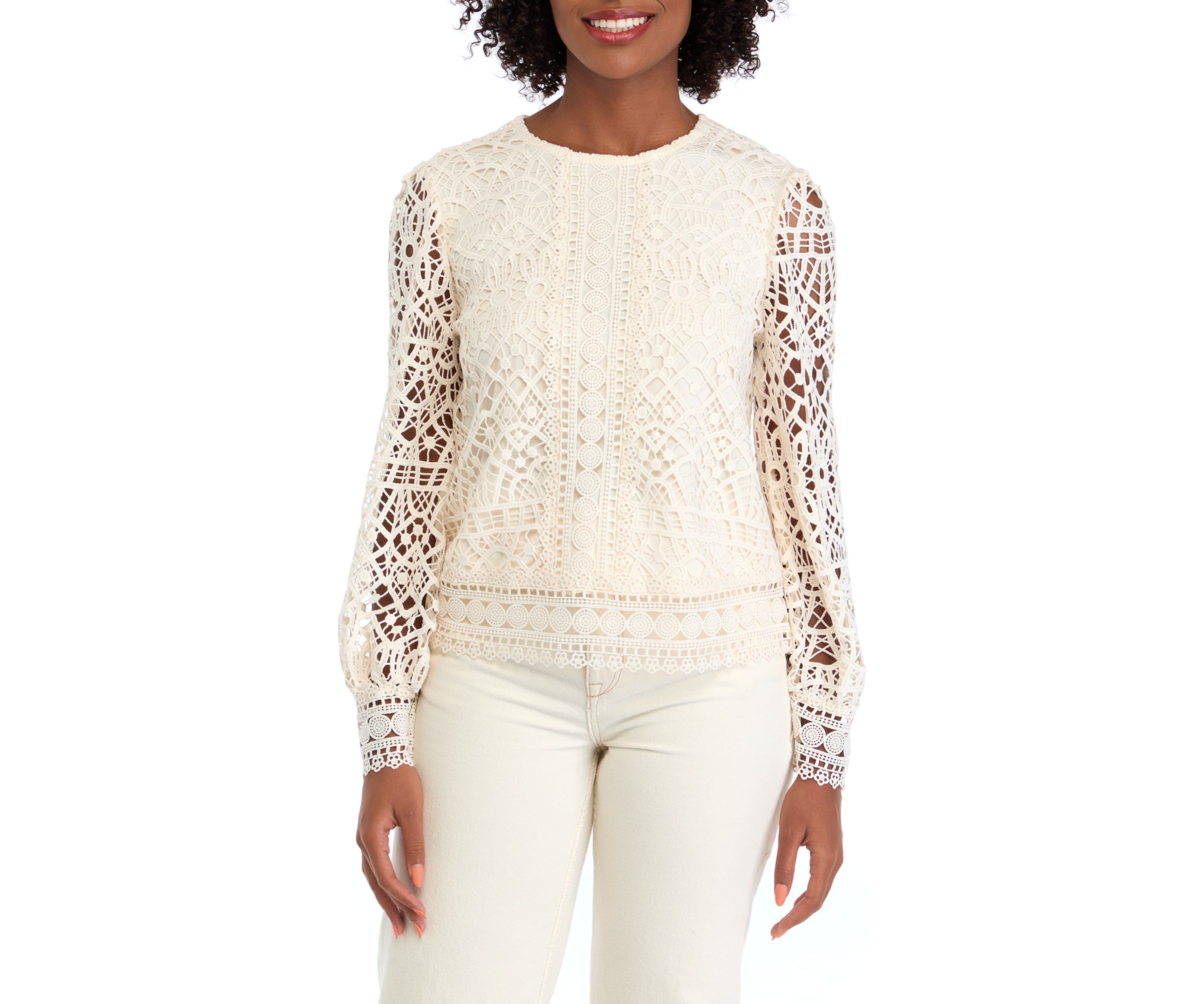 Womens Long Sleeve Crew Neck Lace Blouse