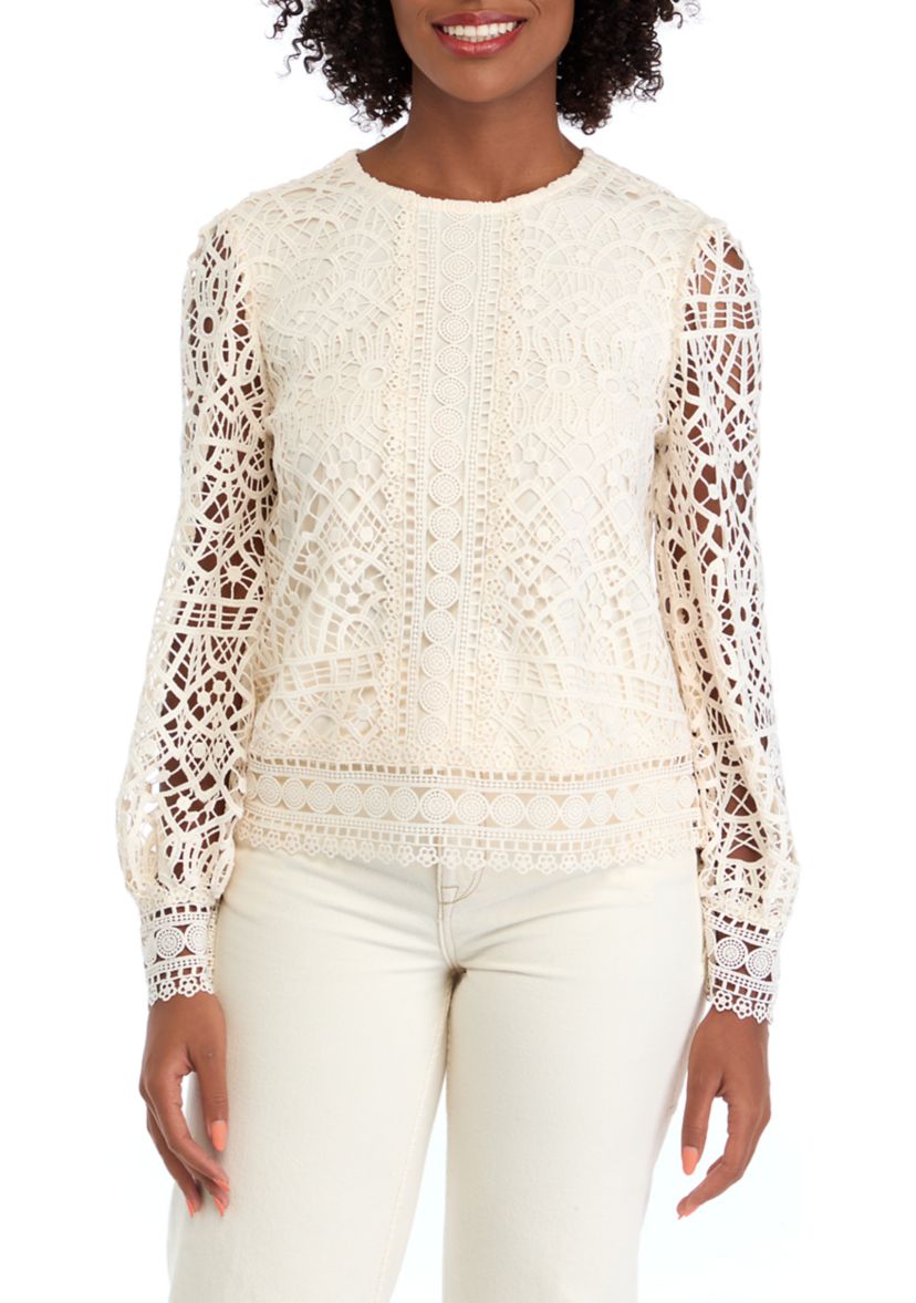 Womens Long Sleeve Crew Neck Lace Blouse