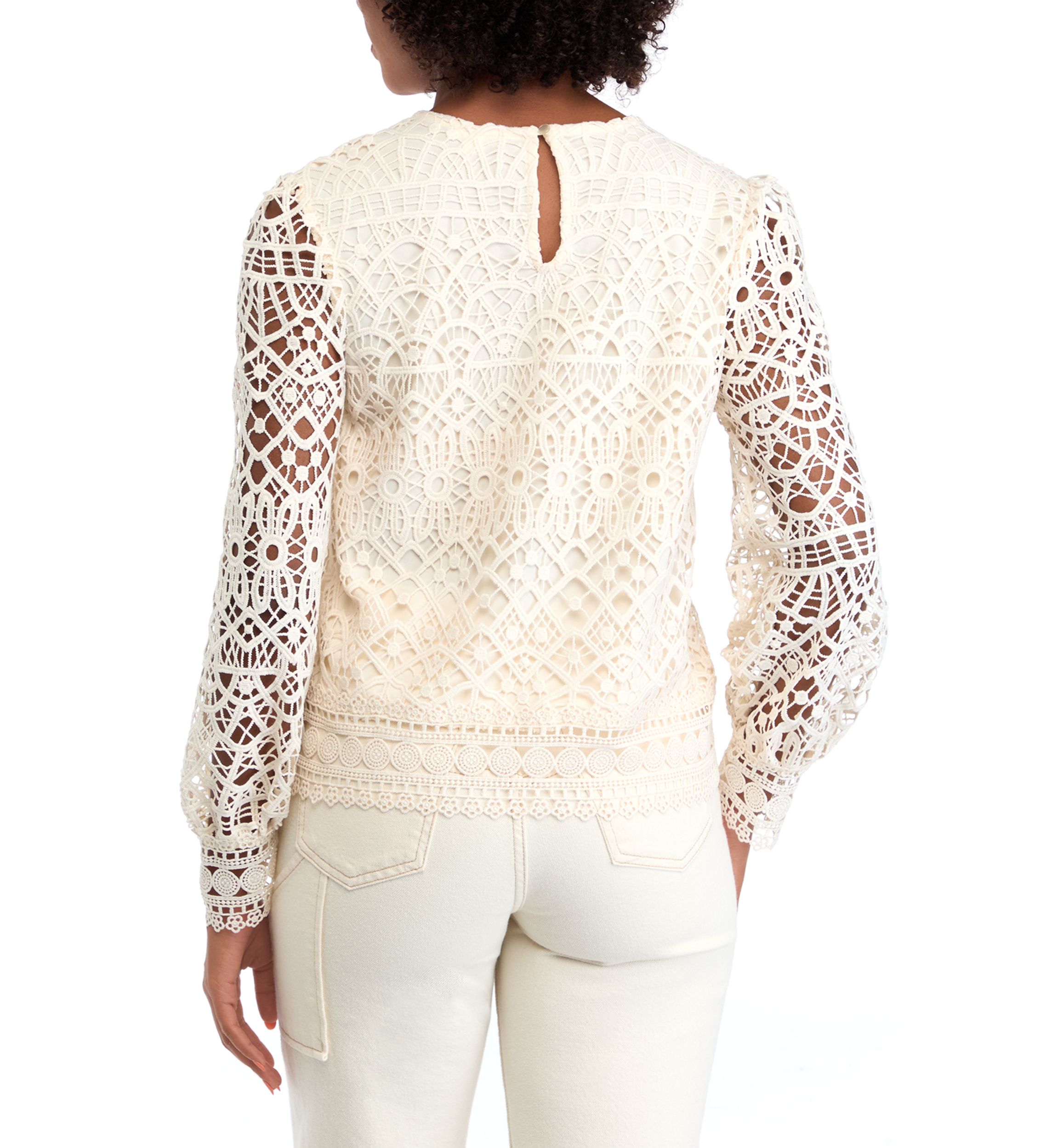 Womens Long Sleeve Crew Neck Lace Blouse