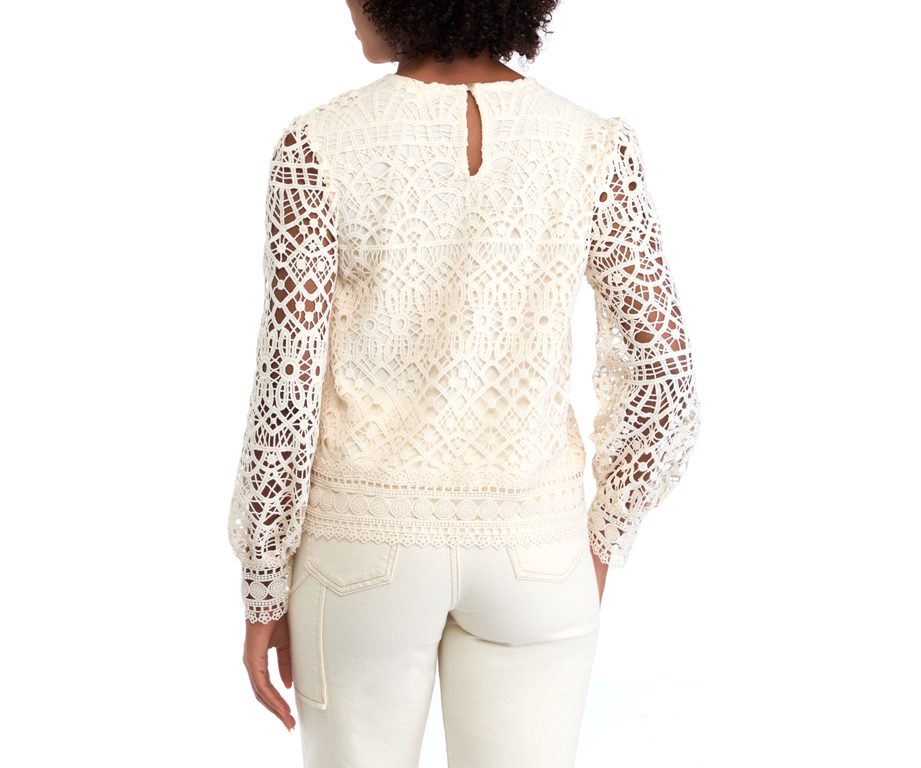 Womens Long Sleeve Crew Neck Lace Blouse