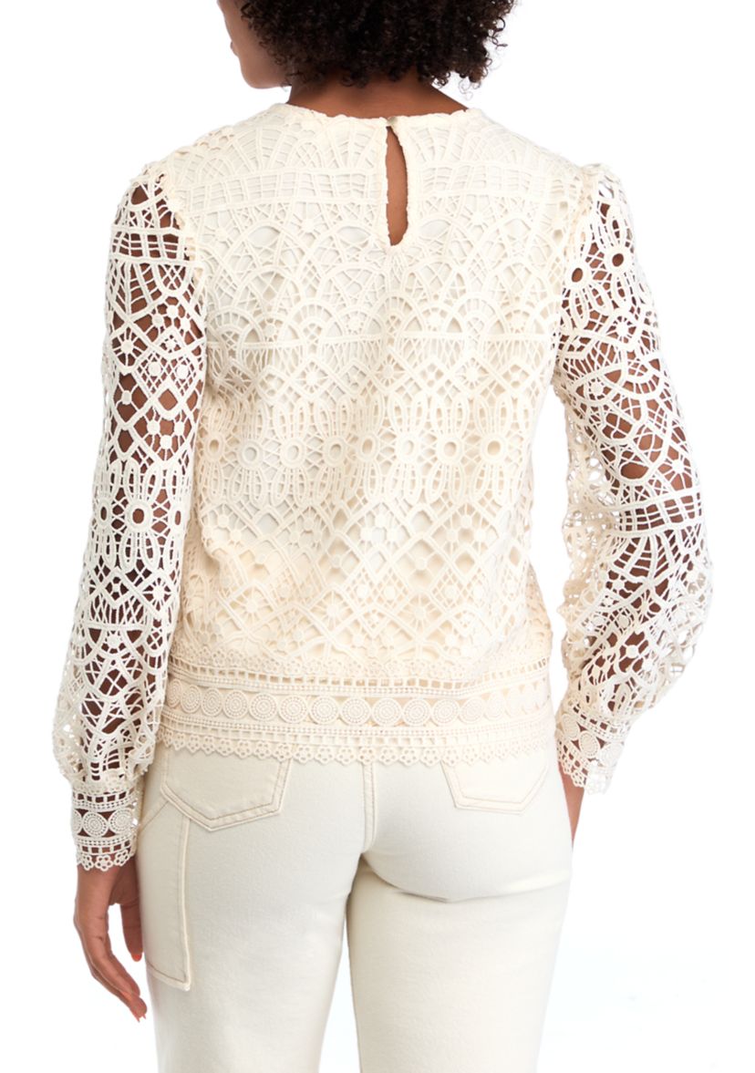 Womens Long Sleeve Crew Neck Lace Blouse