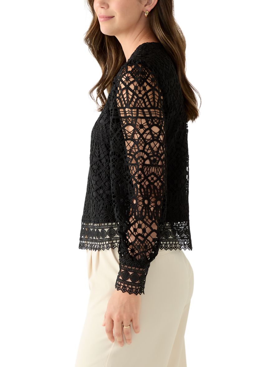 Womens Long Sleeve Crew Neck Lace Blouse