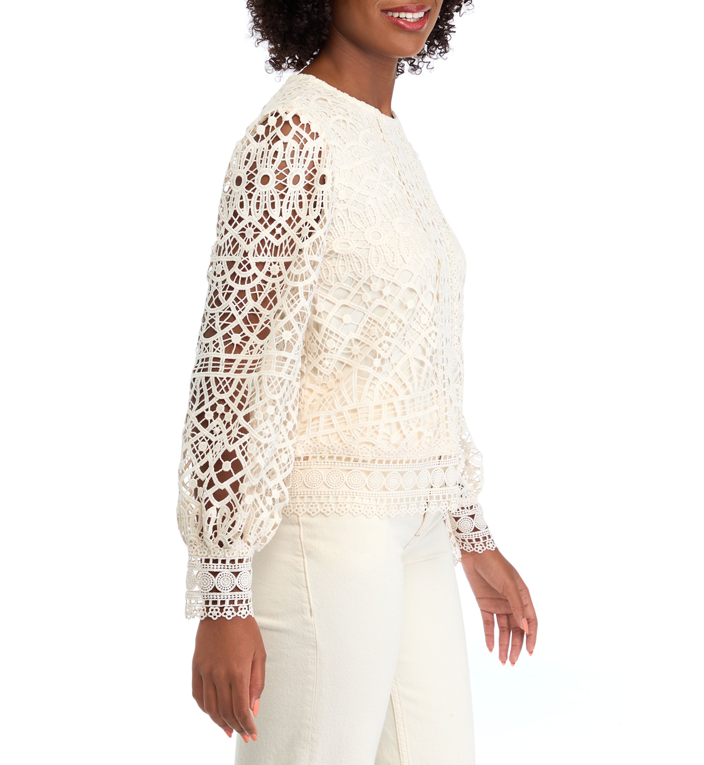 Womens Long Sleeve Crew Neck Lace Blouse