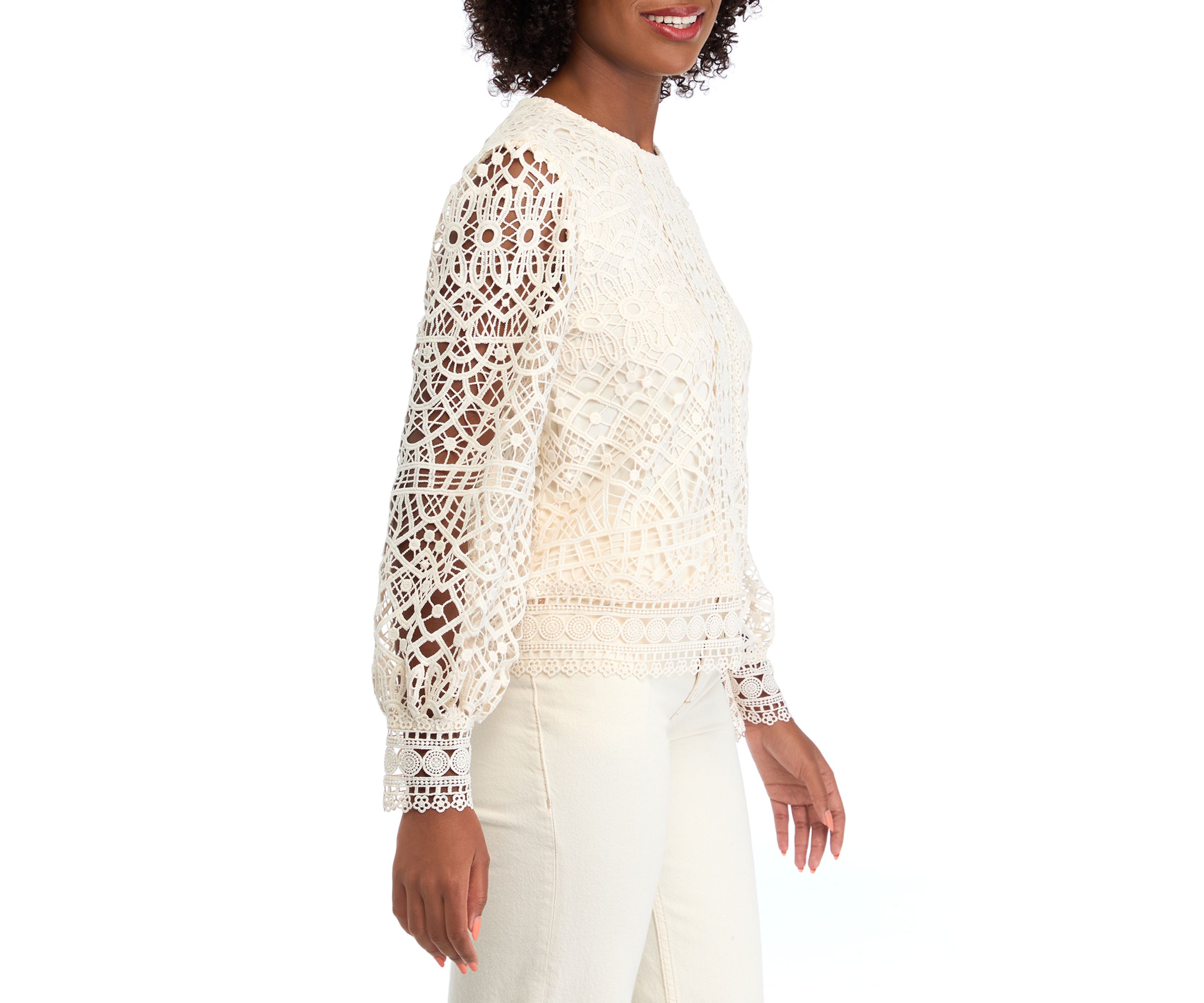 Womens Long Sleeve Crew Neck Lace Blouse