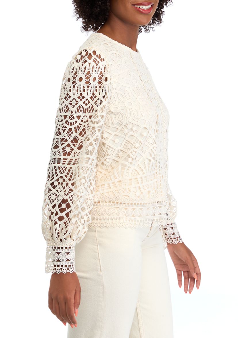Womens Long Sleeve Crew Neck Lace Blouse