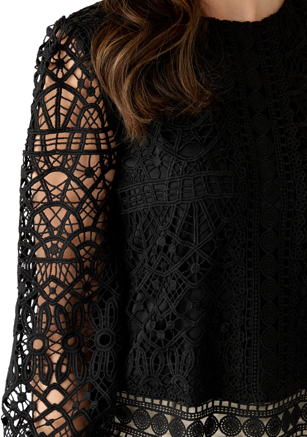 Womens Long Sleeve Crew Neck Lace Blouse