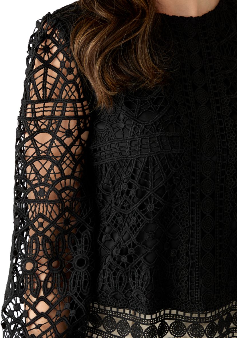 Womens Long Sleeve Crew Neck Lace Blouse