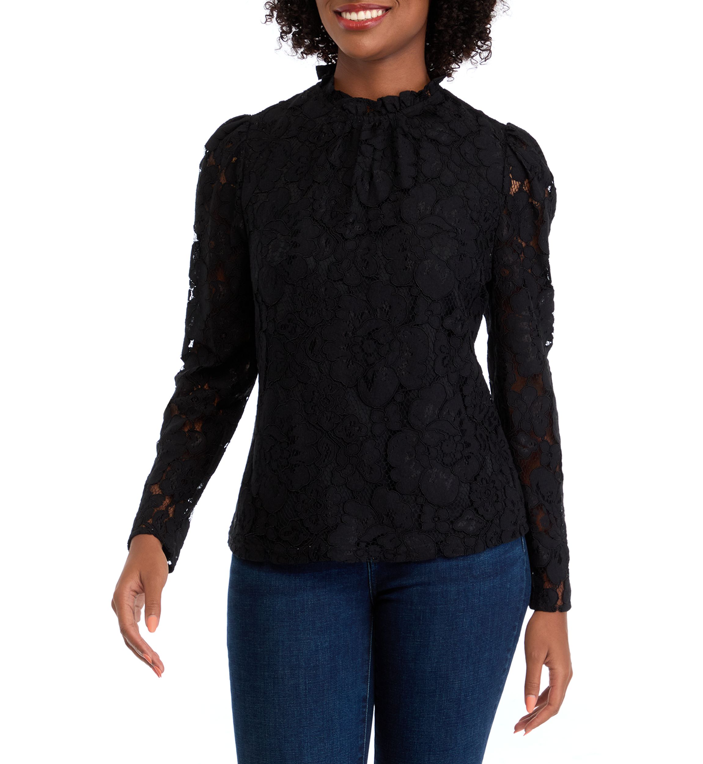 Womens Long Sleeve Mock Neck Lace Blouse