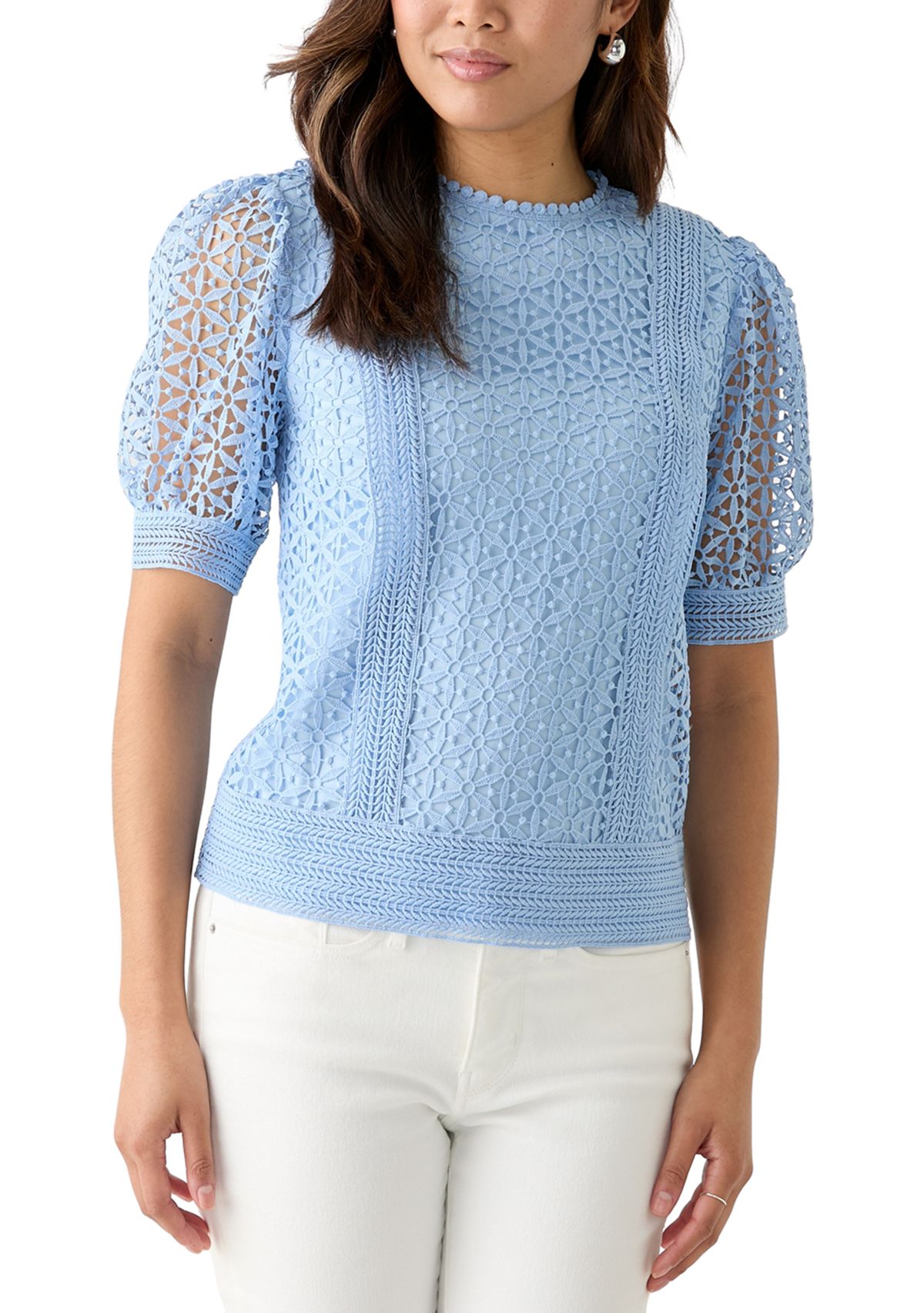 Womens Puff Sleeve Crocheted Top