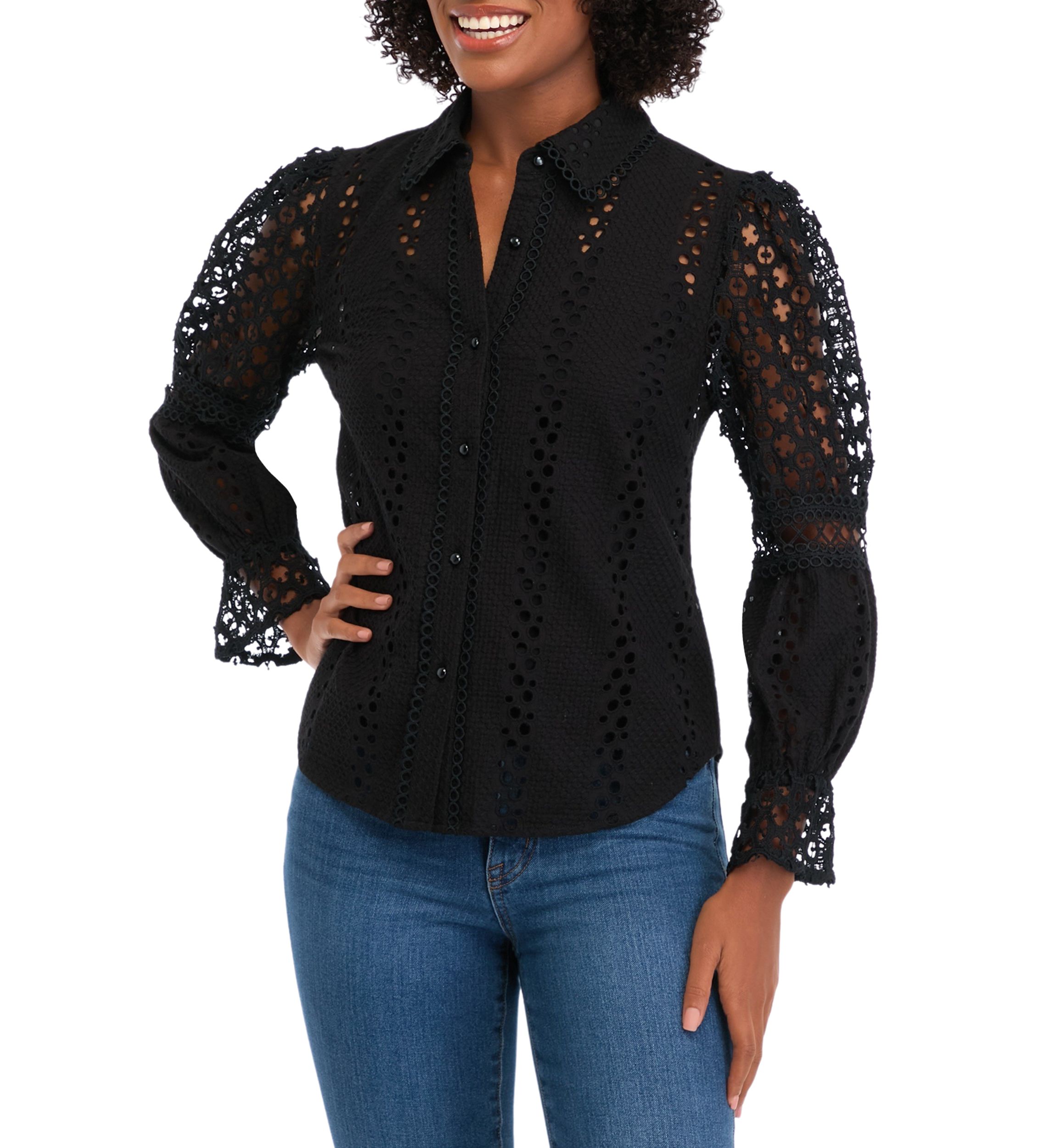 Womens Long Sleeve Button Front Eyelet Top