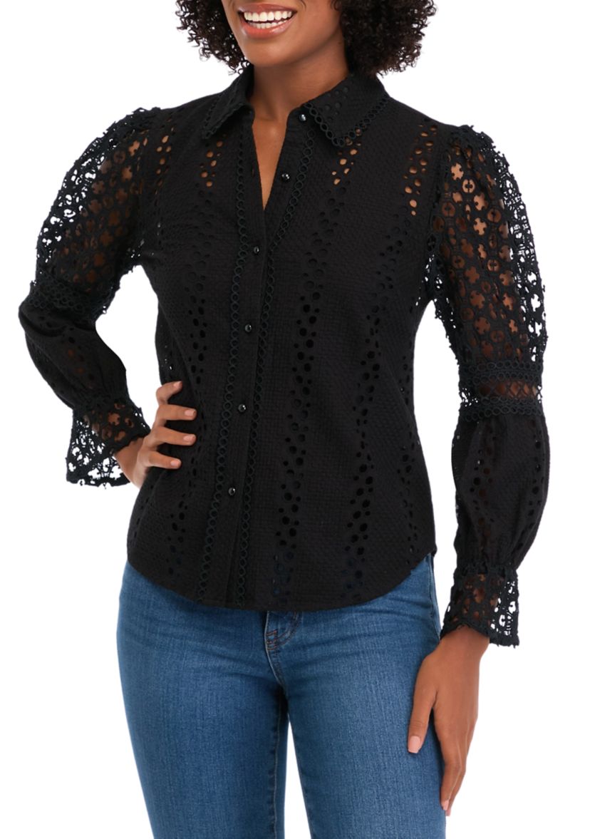 Womens Long Sleeve Button Front Eyelet Top