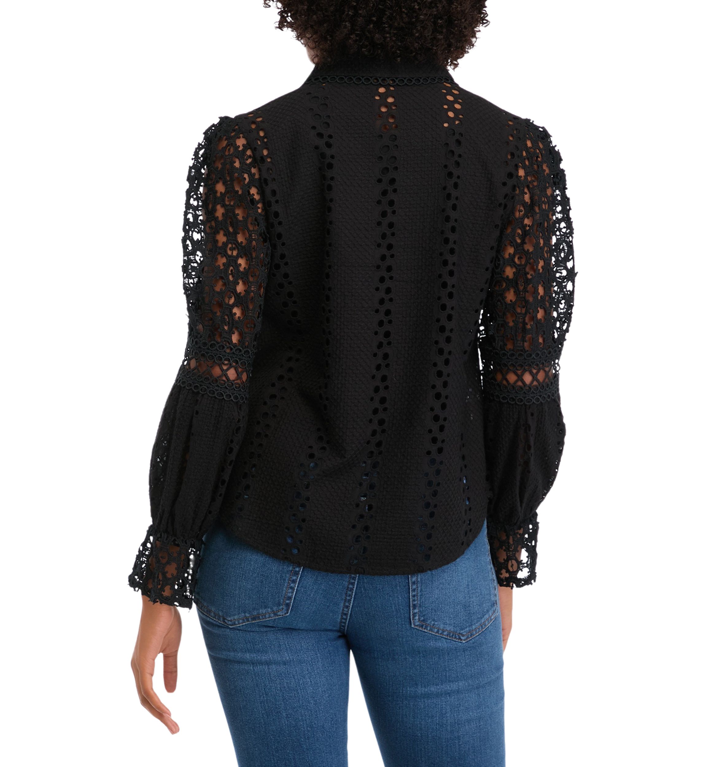 Womens Long Sleeve Button Front Eyelet Top