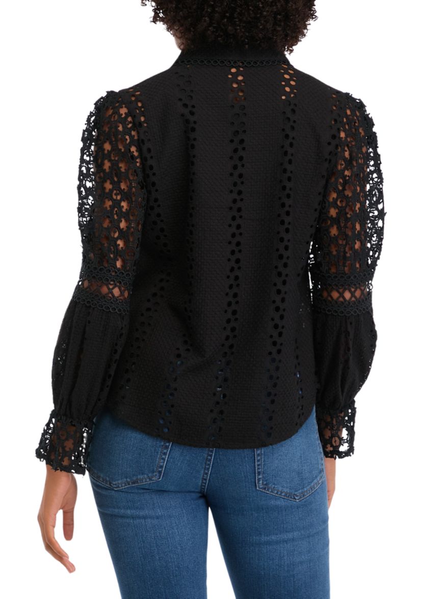 Womens Long Sleeve Button Front Eyelet Top