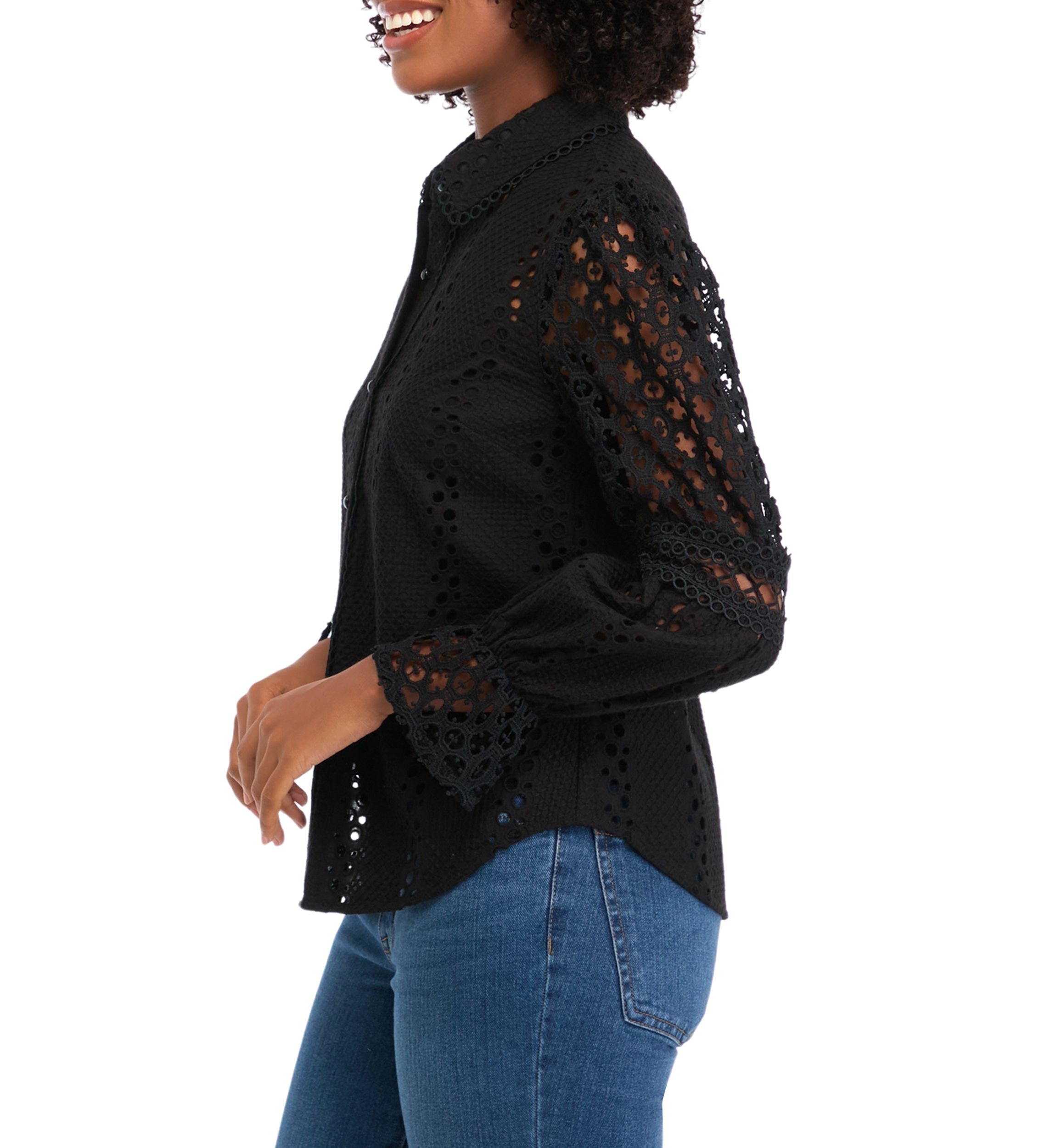 Womens Long Sleeve Button Front Eyelet Top