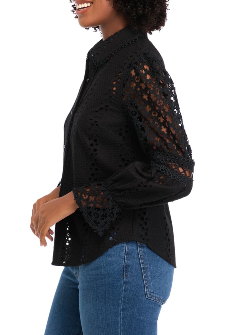 Womens Long Sleeve Button Front Eyelet Top