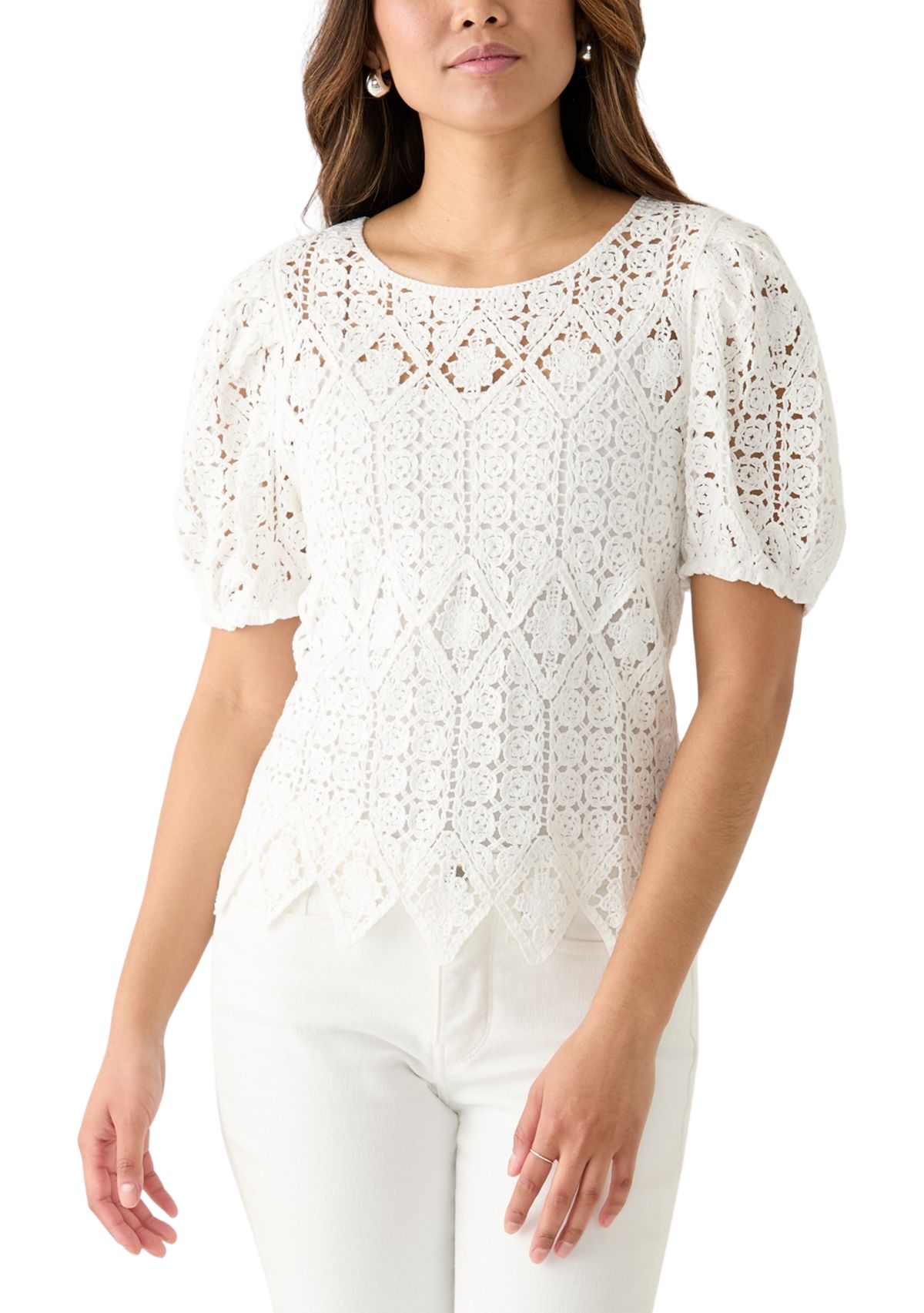 Womens Puff Sleeve Crocheted Top