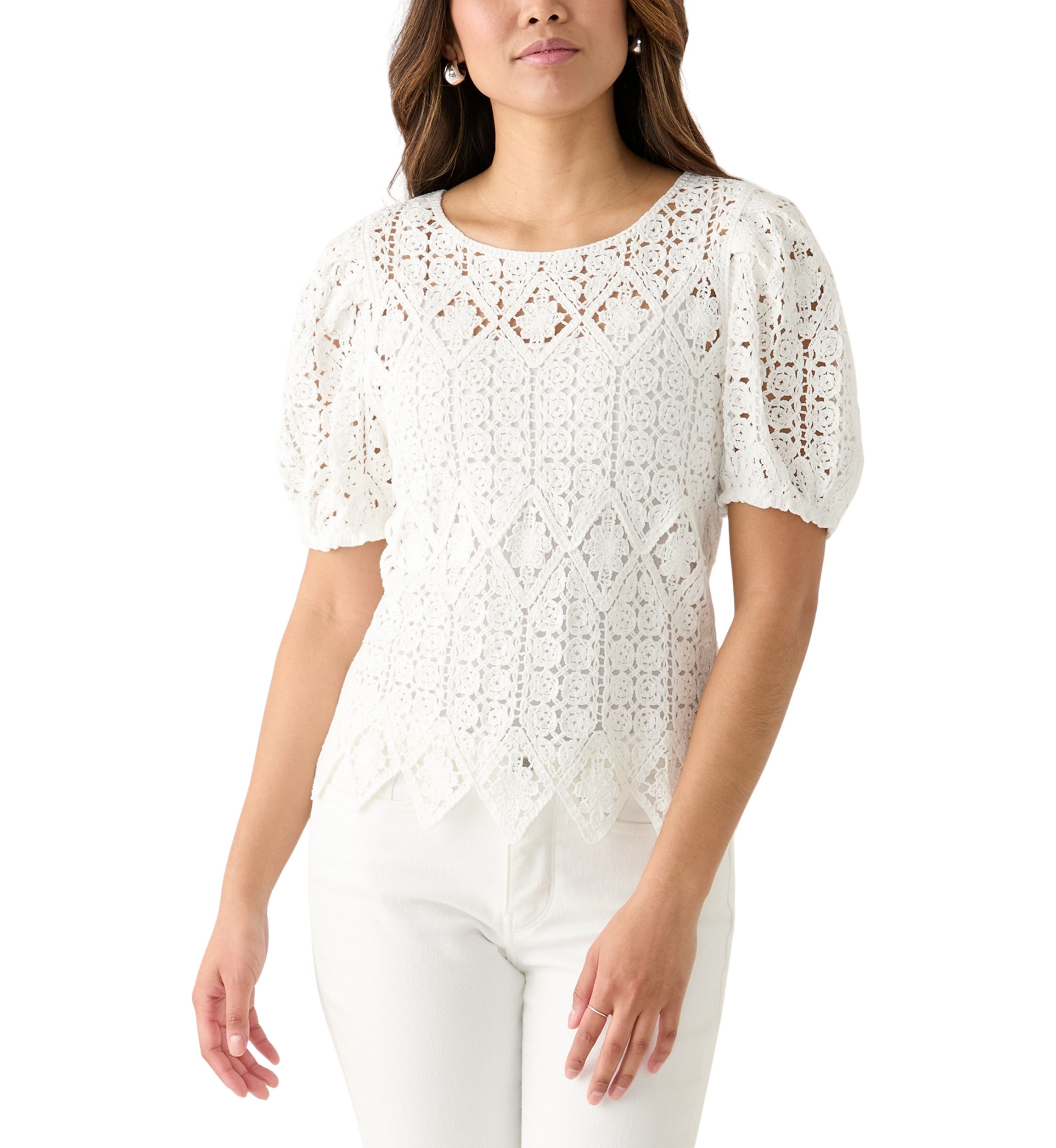 Womens Puff Sleeve Crocheted Top