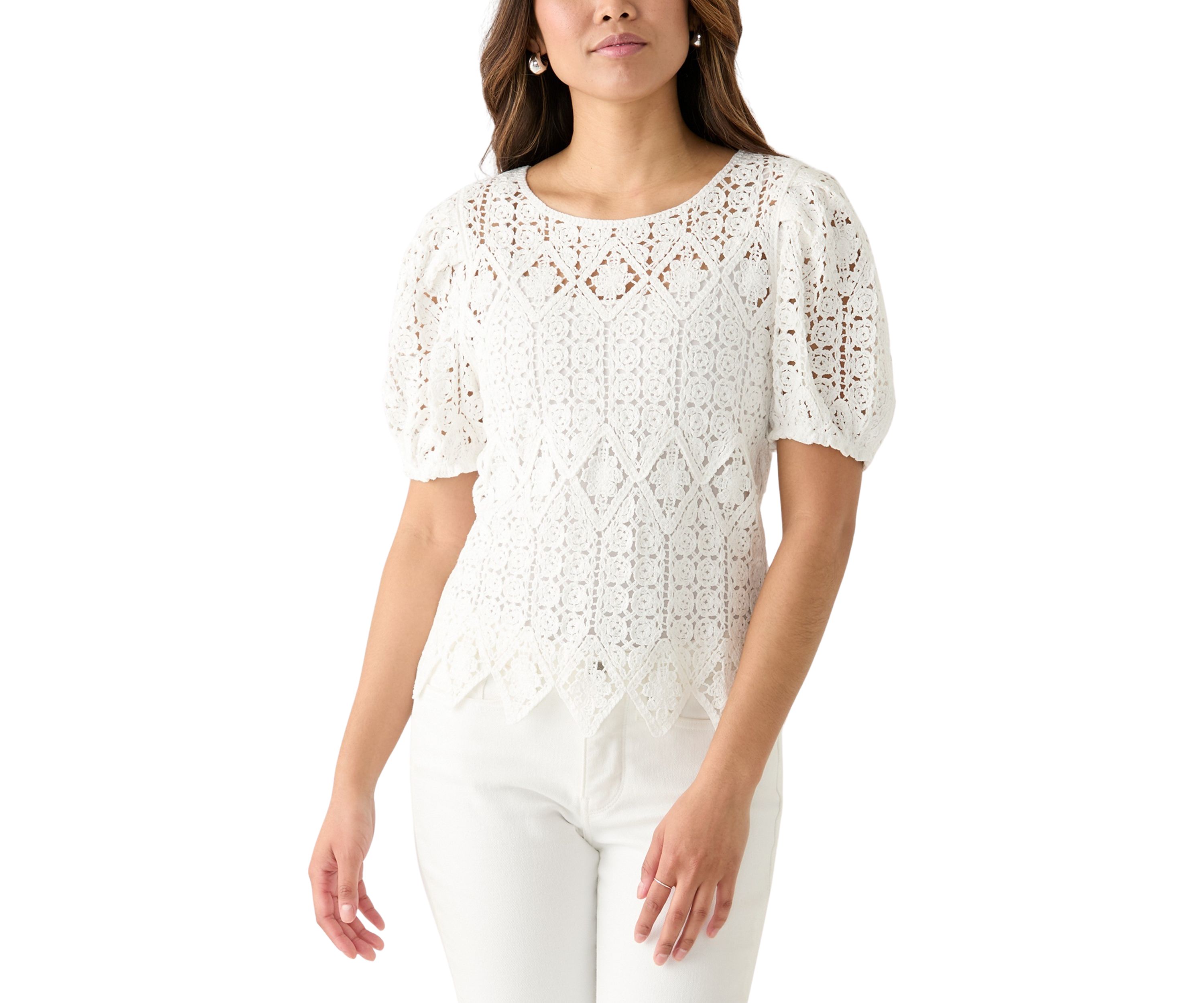 Womens Puff Sleeve Crocheted Top