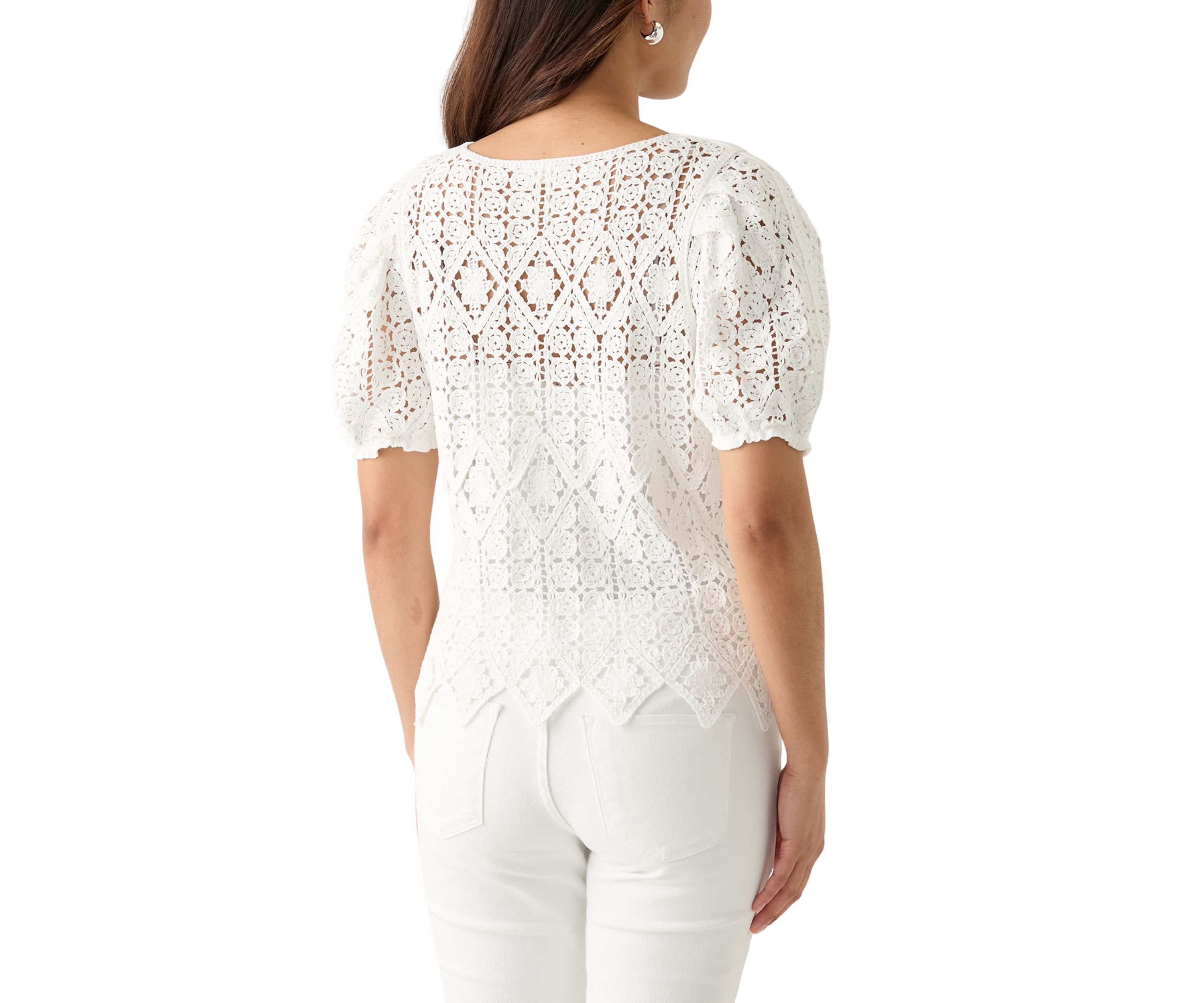 Womens Puff Sleeve Crocheted Top