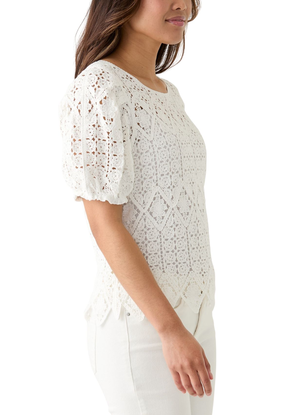 Womens Puff Sleeve Crocheted Top