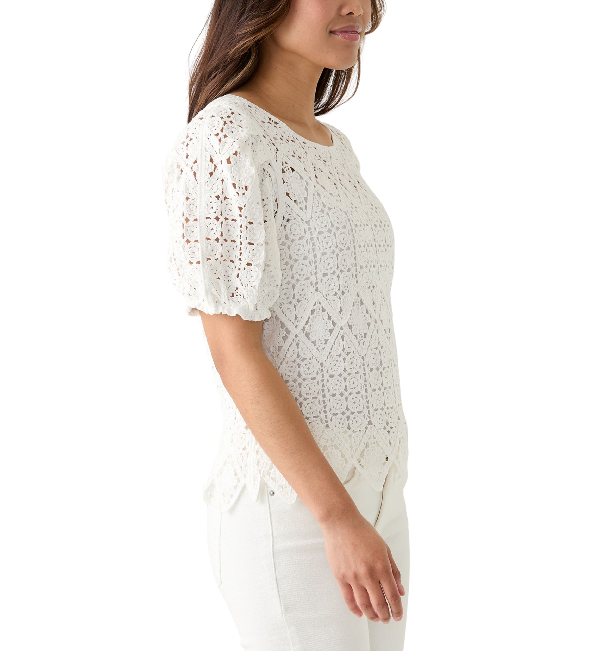 Womens Puff Sleeve Crocheted Top