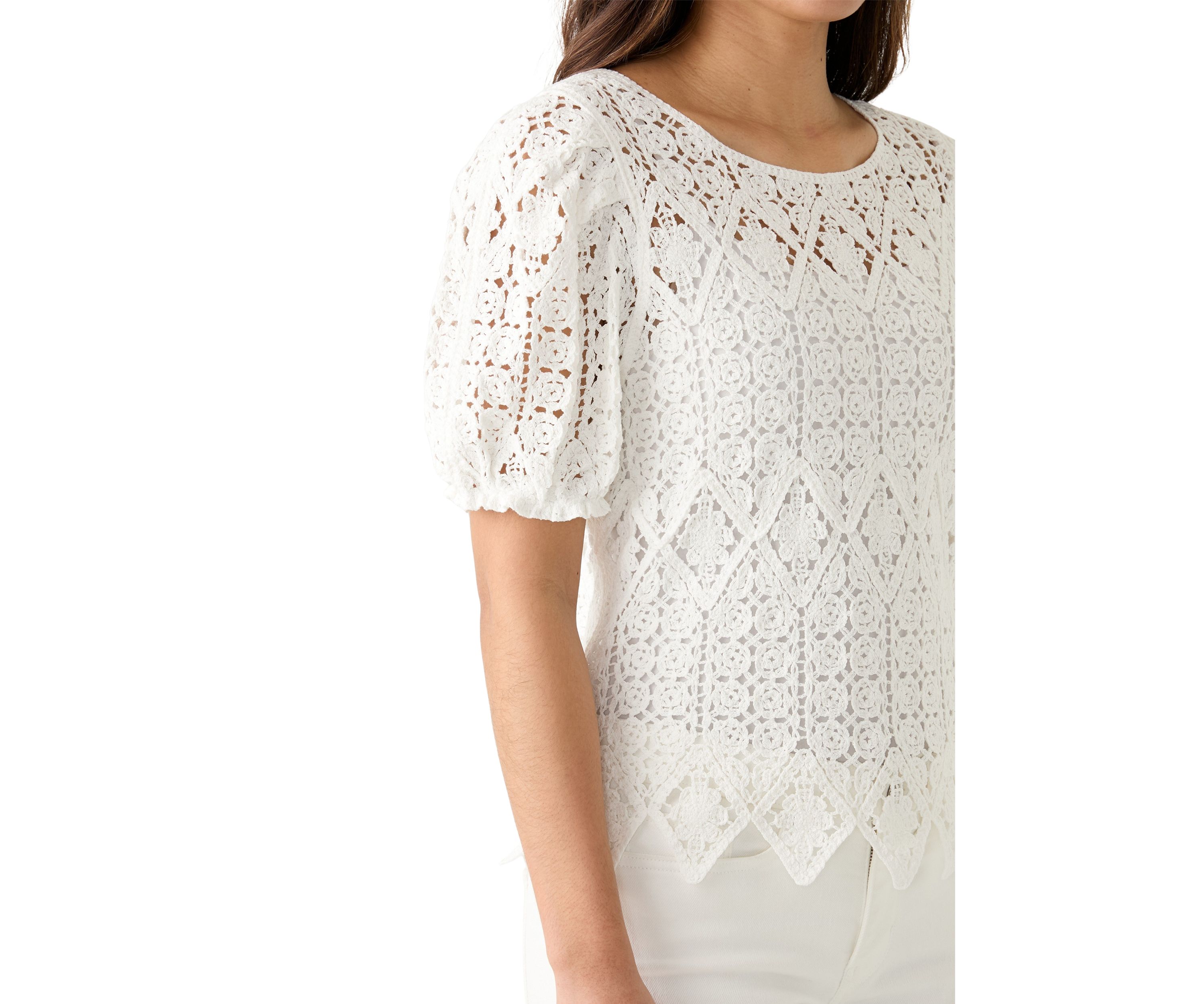 Womens Puff Sleeve Crocheted Top