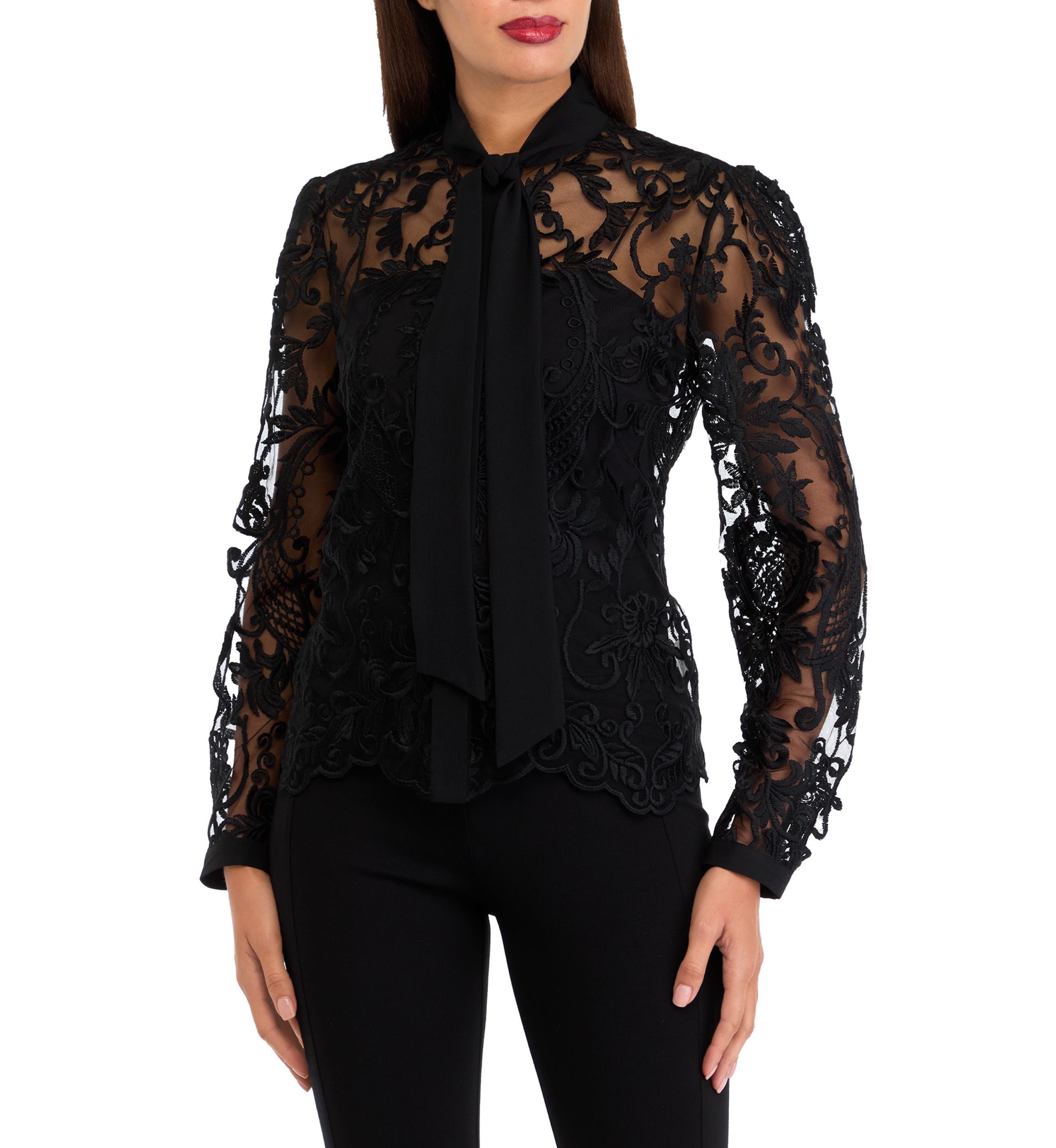Womens Long Sleeve Bow Tie Lace Blouse