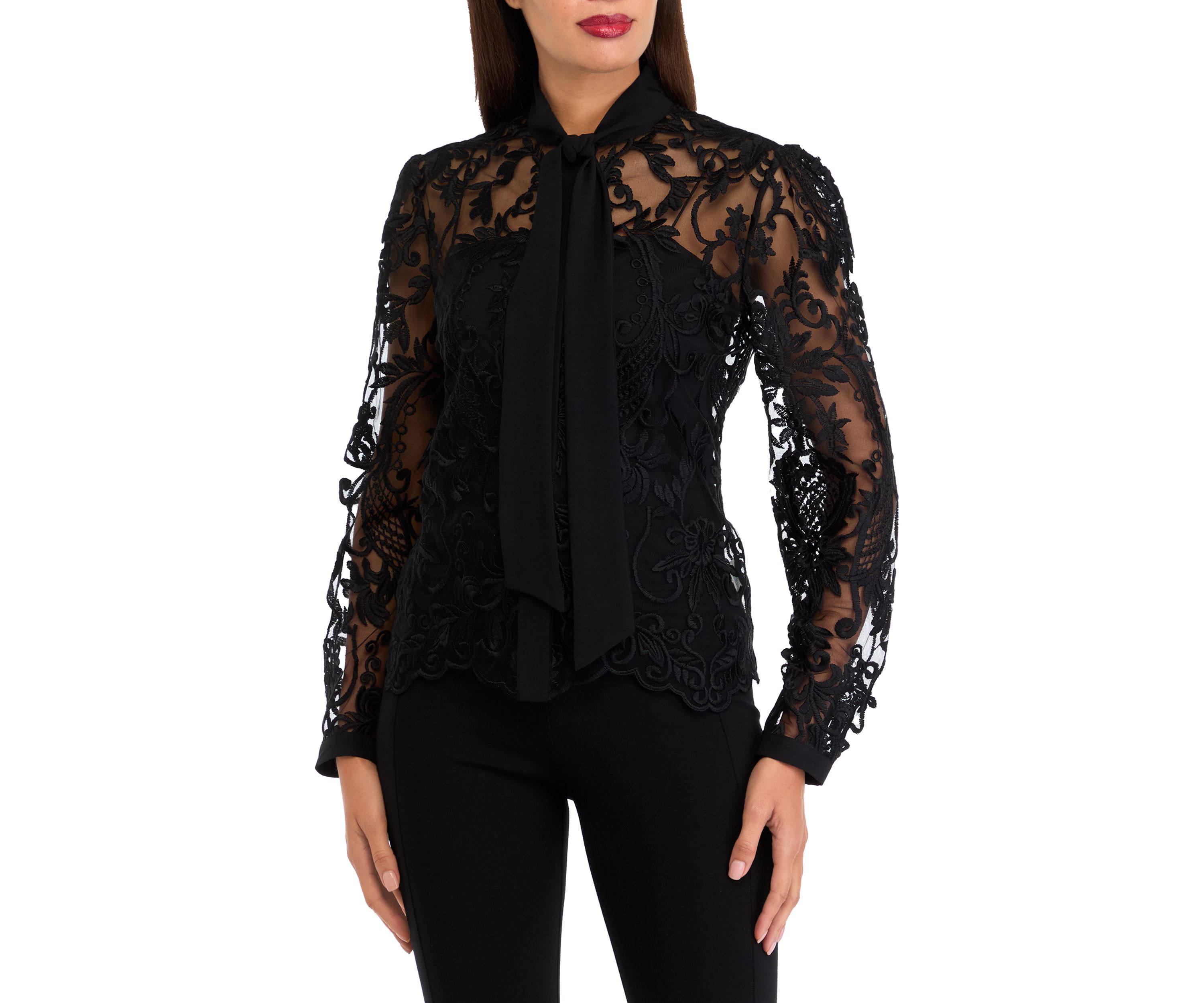 Womens Long Sleeve Bow Tie Lace Blouse