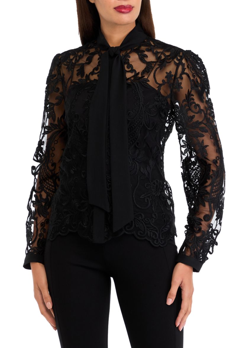 Womens Long Sleeve Bow Tie Lace Blouse