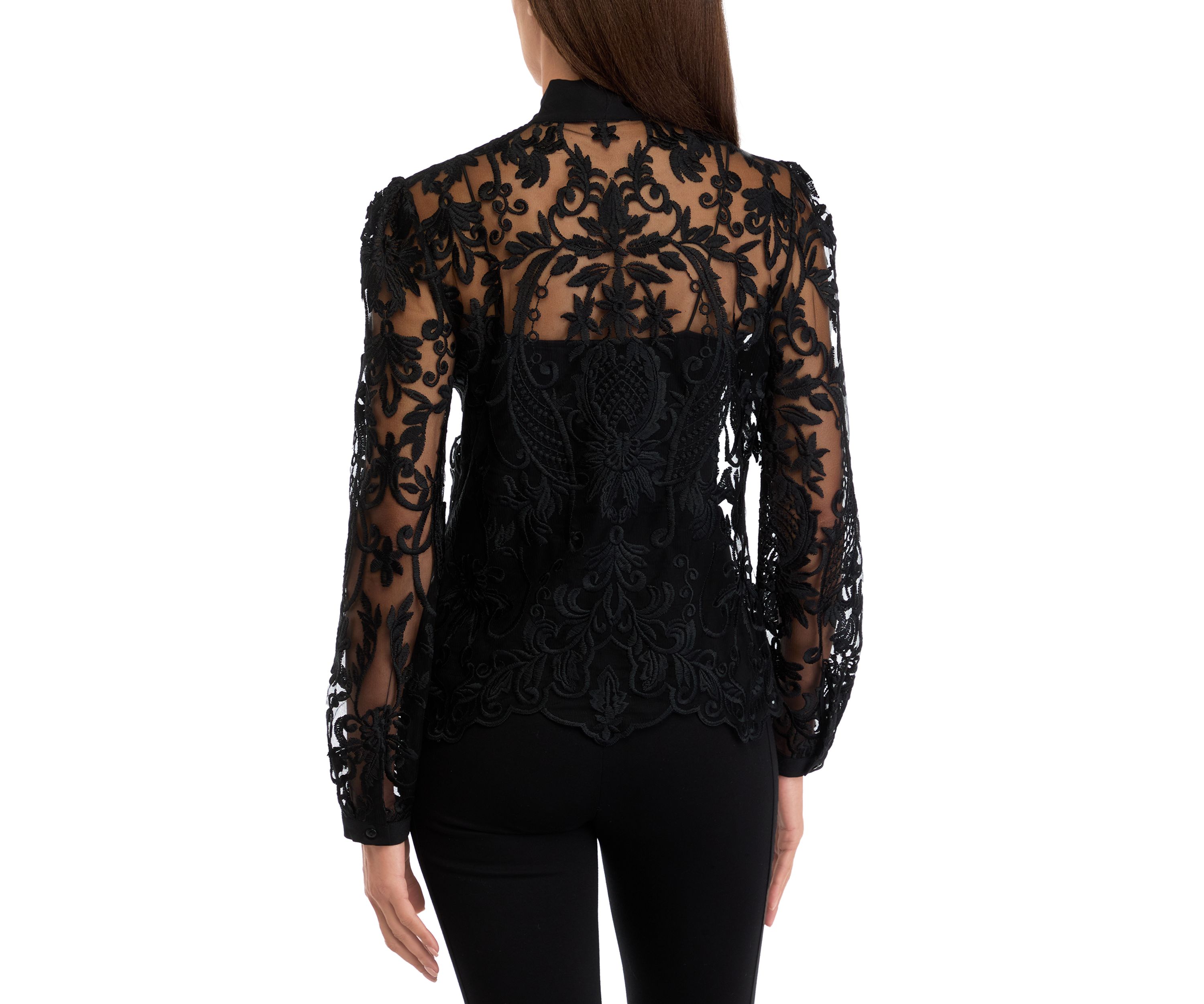 Womens Long Sleeve Bow Tie Lace Blouse