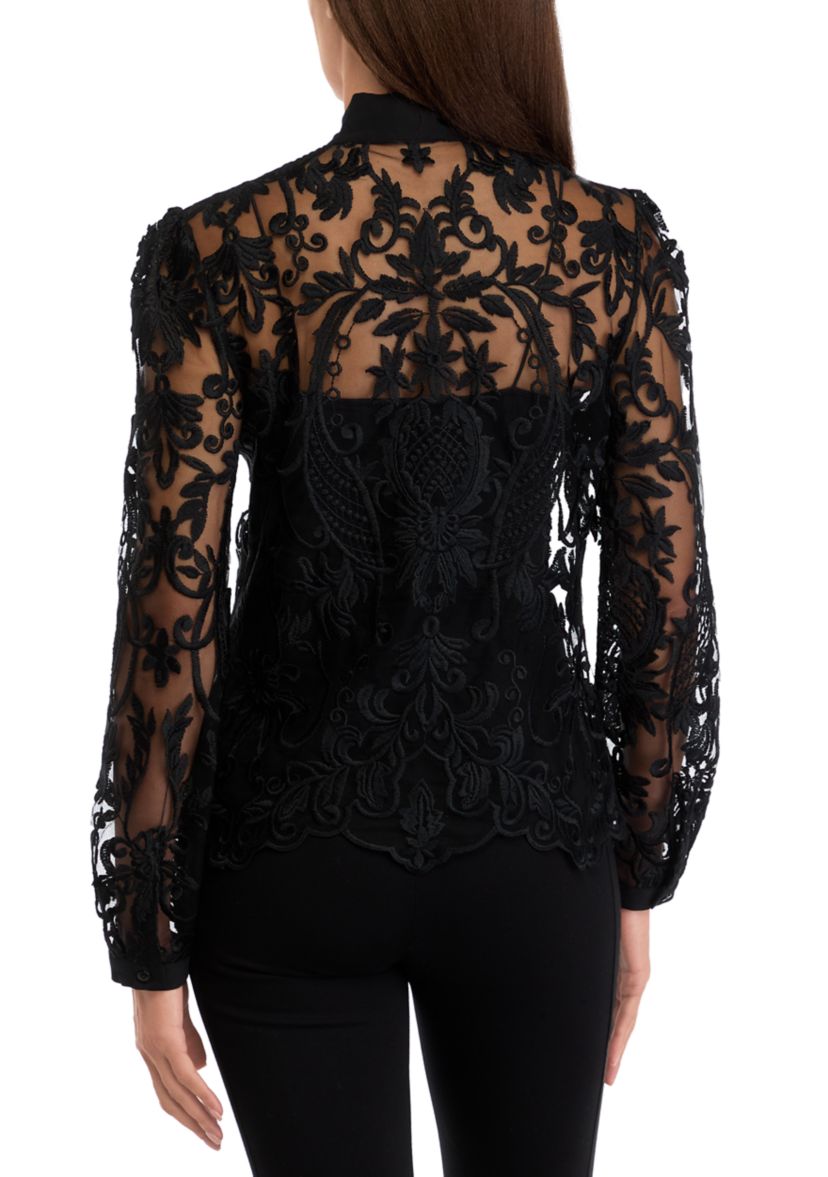 Womens Long Sleeve Bow Tie Lace Blouse