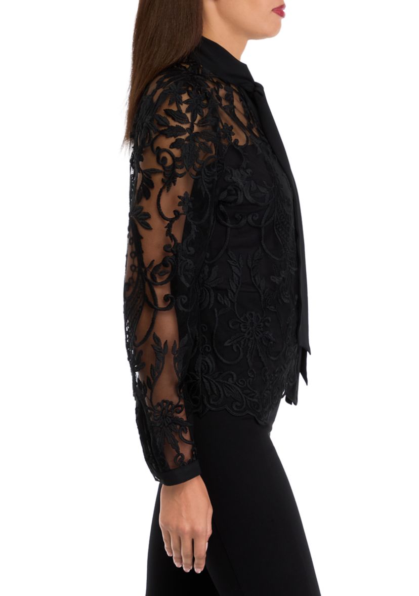 Womens Long Sleeve Bow Tie Lace Blouse