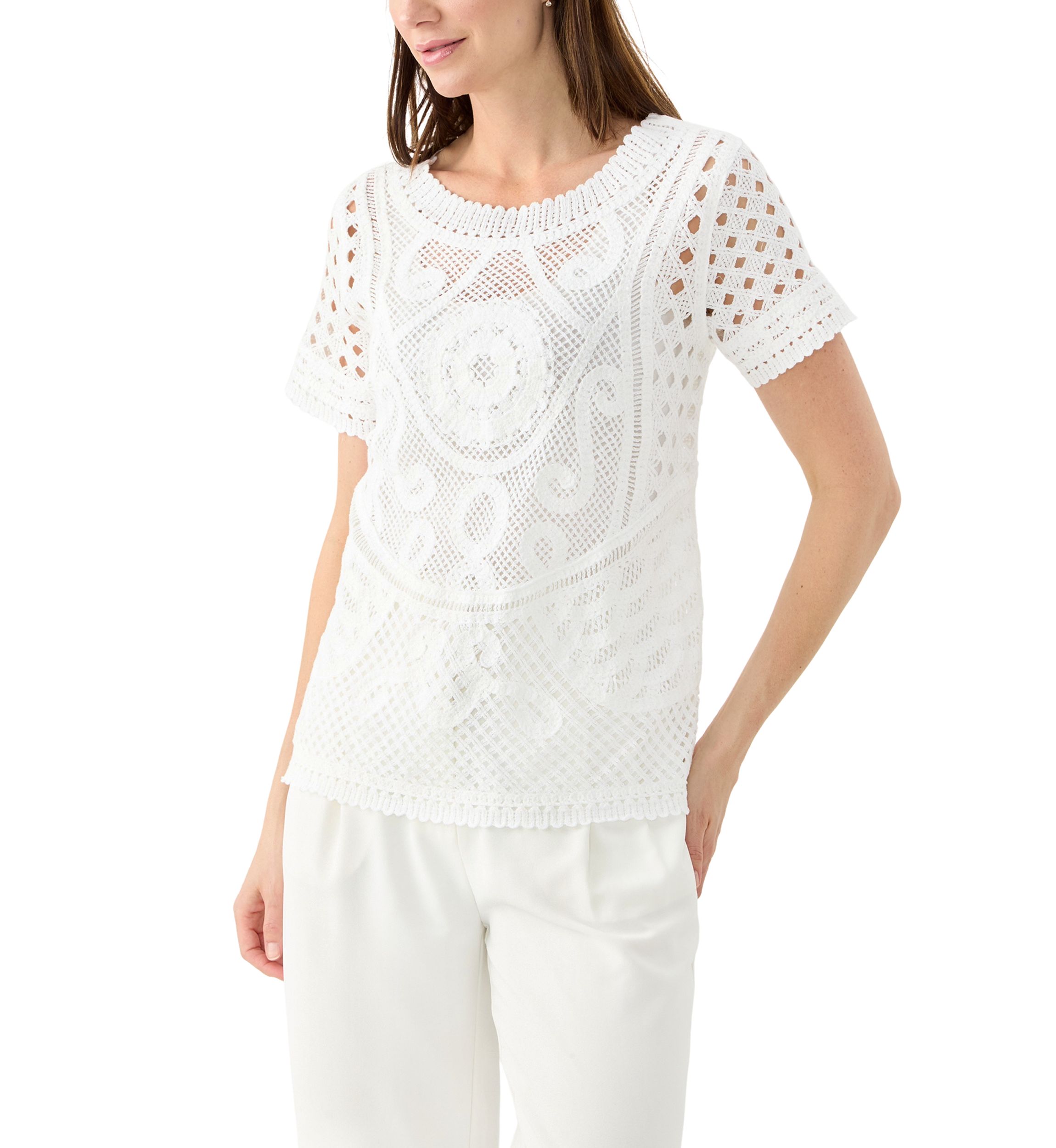 Womens Short Sleeve Crew Neck Boxy Crochet Top