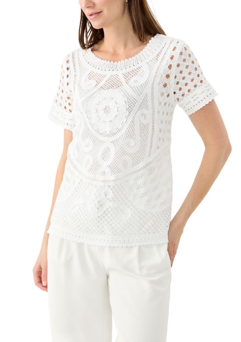 Womens Short Sleeve Crew Neck Boxy Crochet Top