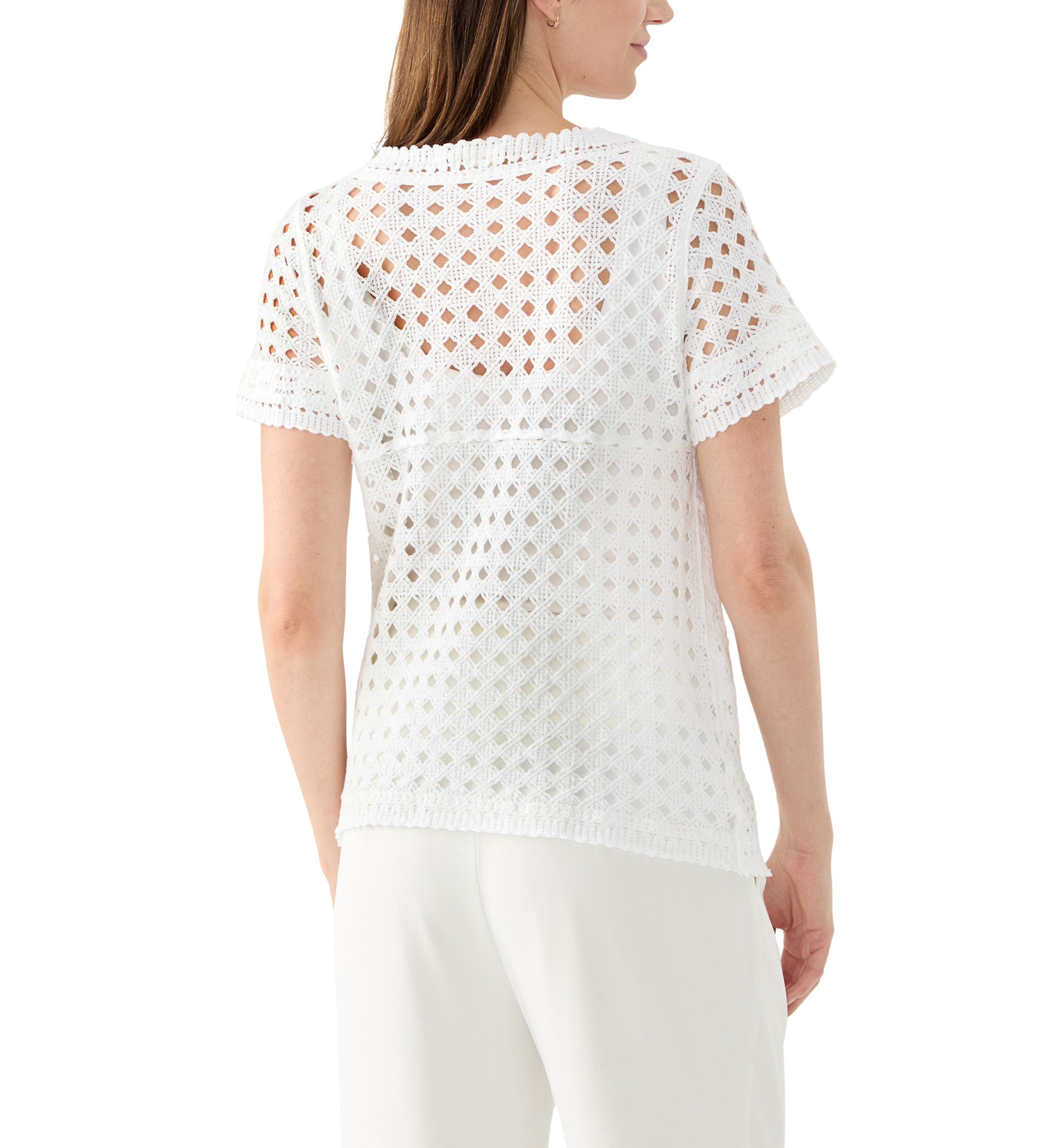Womens Short Sleeve Crew Neck Boxy Crochet Top