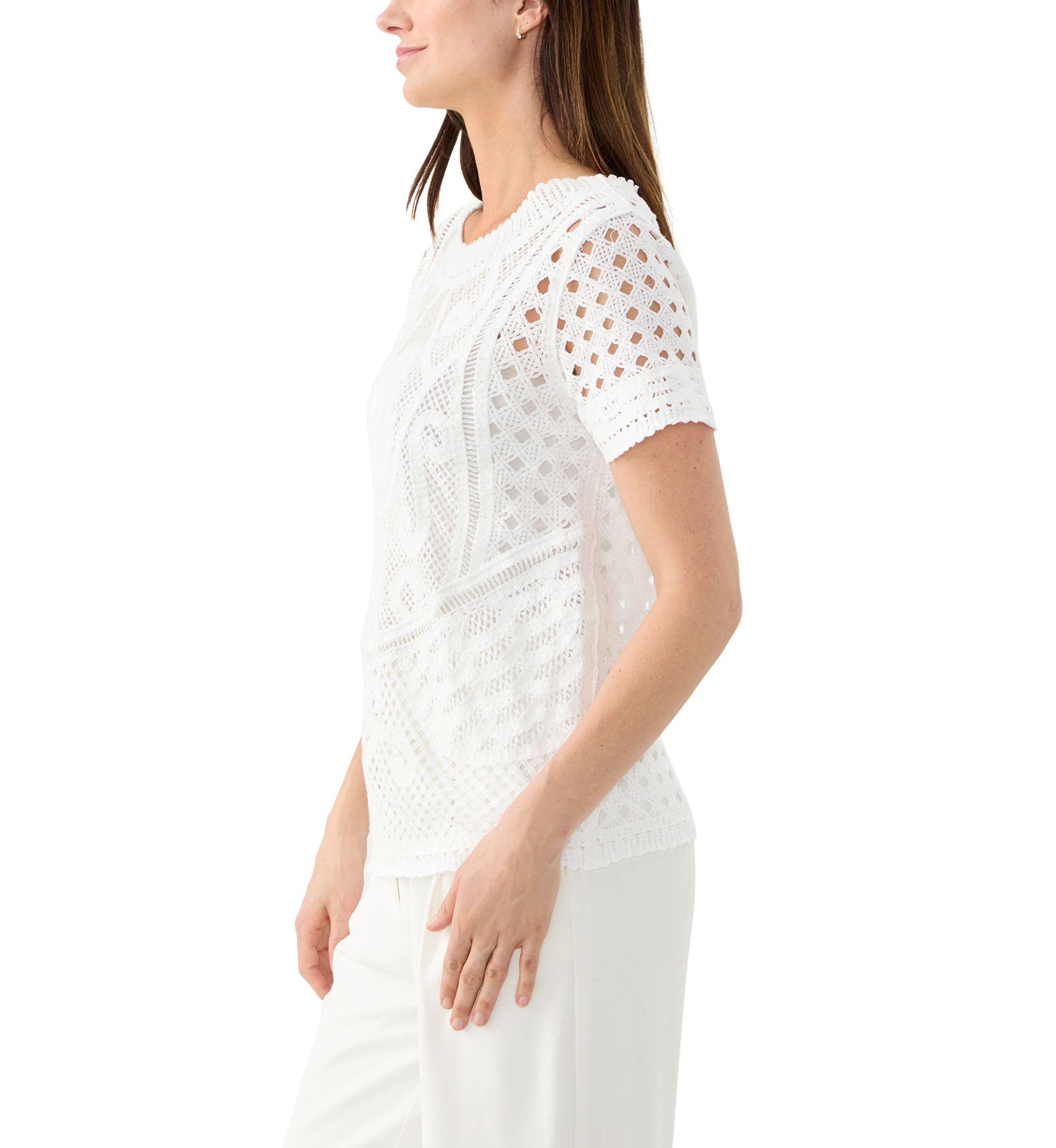 Womens Short Sleeve Crew Neck Boxy Crochet Top