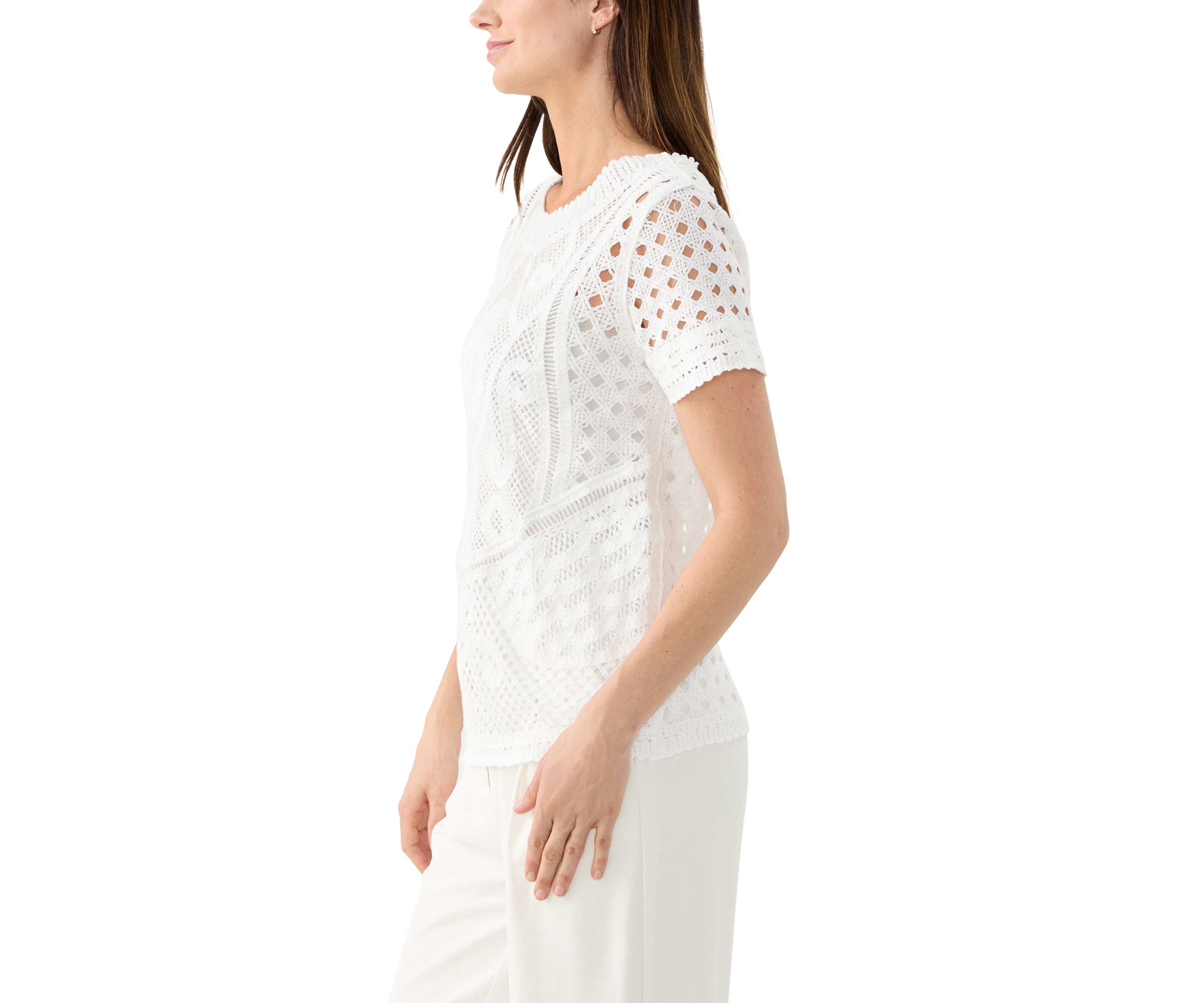 Womens Short Sleeve Crew Neck Boxy Crochet Top