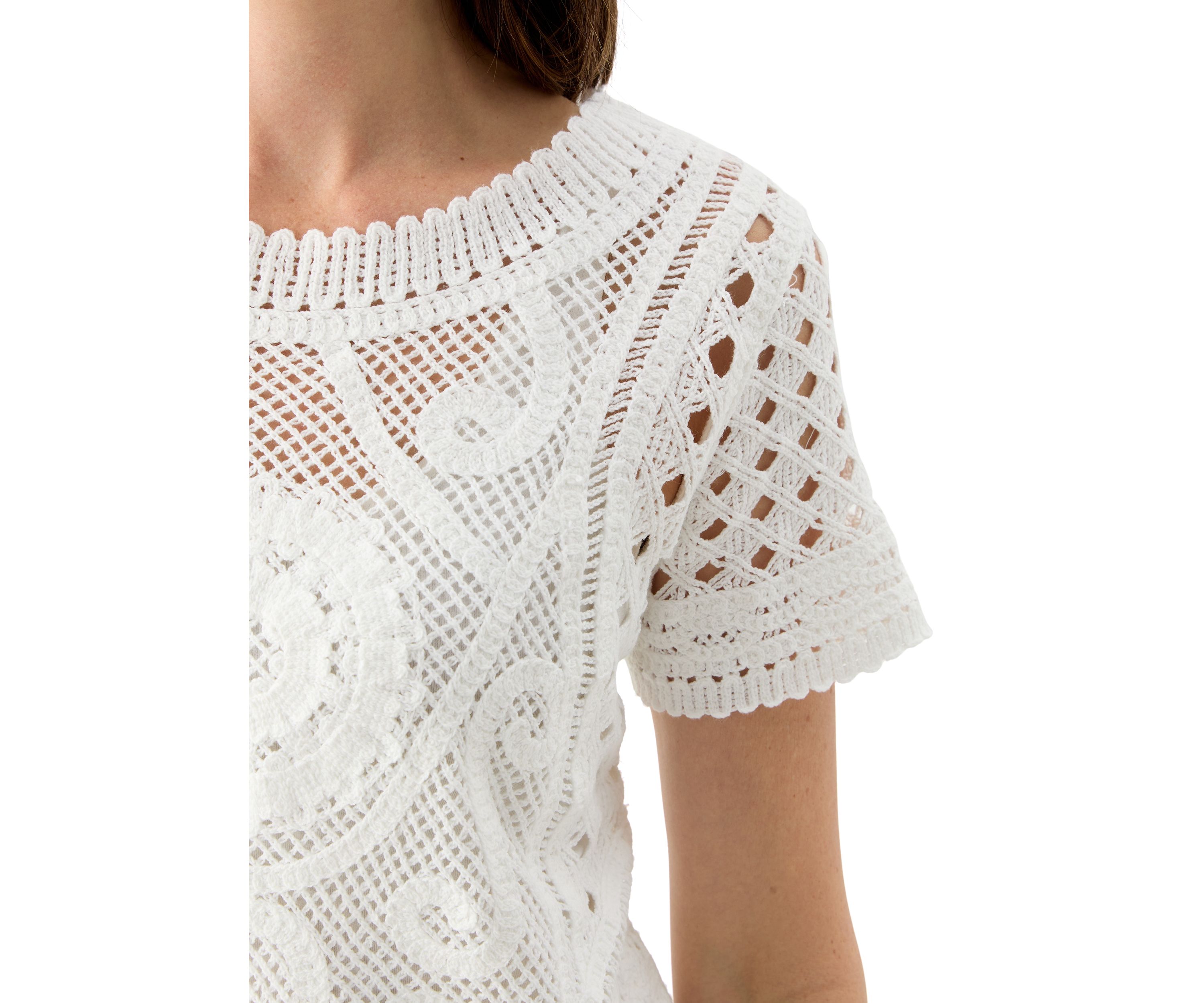 Womens Short Sleeve Crew Neck Boxy Crochet Top